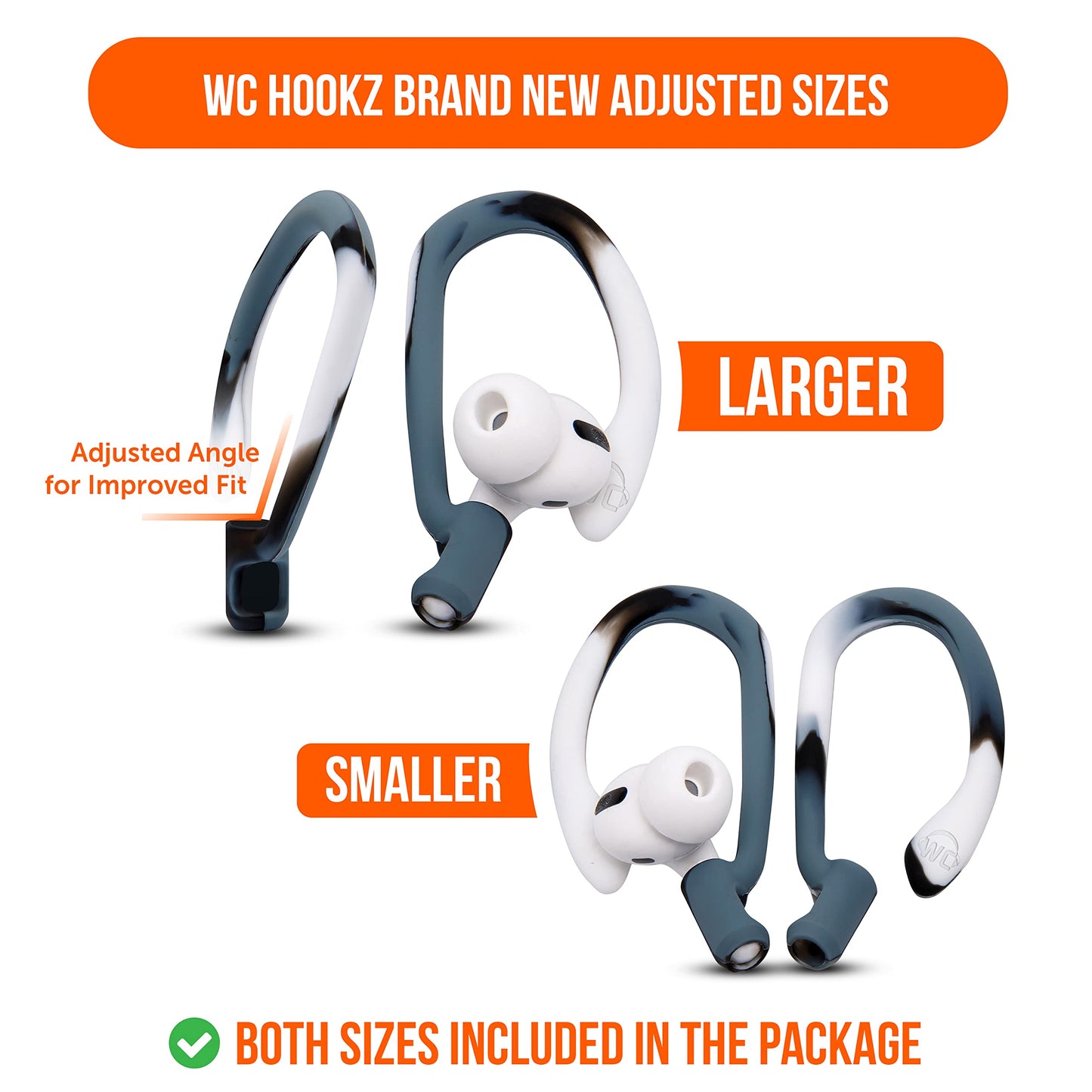 WC HookZ - Patented Upgraded Over Ear Hooks for AirPods Pro 1, 2 & AirPods 1, 2 & 3- Two Size Pairs Included in Package, Unique Left & Right Hook