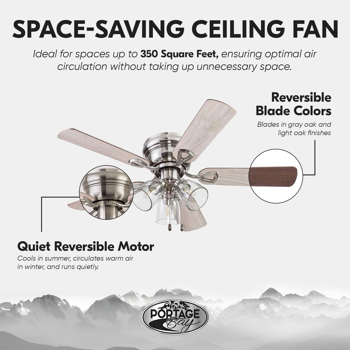 Portage Bay Renton Ceiling Fan with 3 Speeds & LED Light Bulbs, 42", Brushed Nickel - Quiet Indoor Air Cooling with 5 Reversible Blades & Pull-Chains