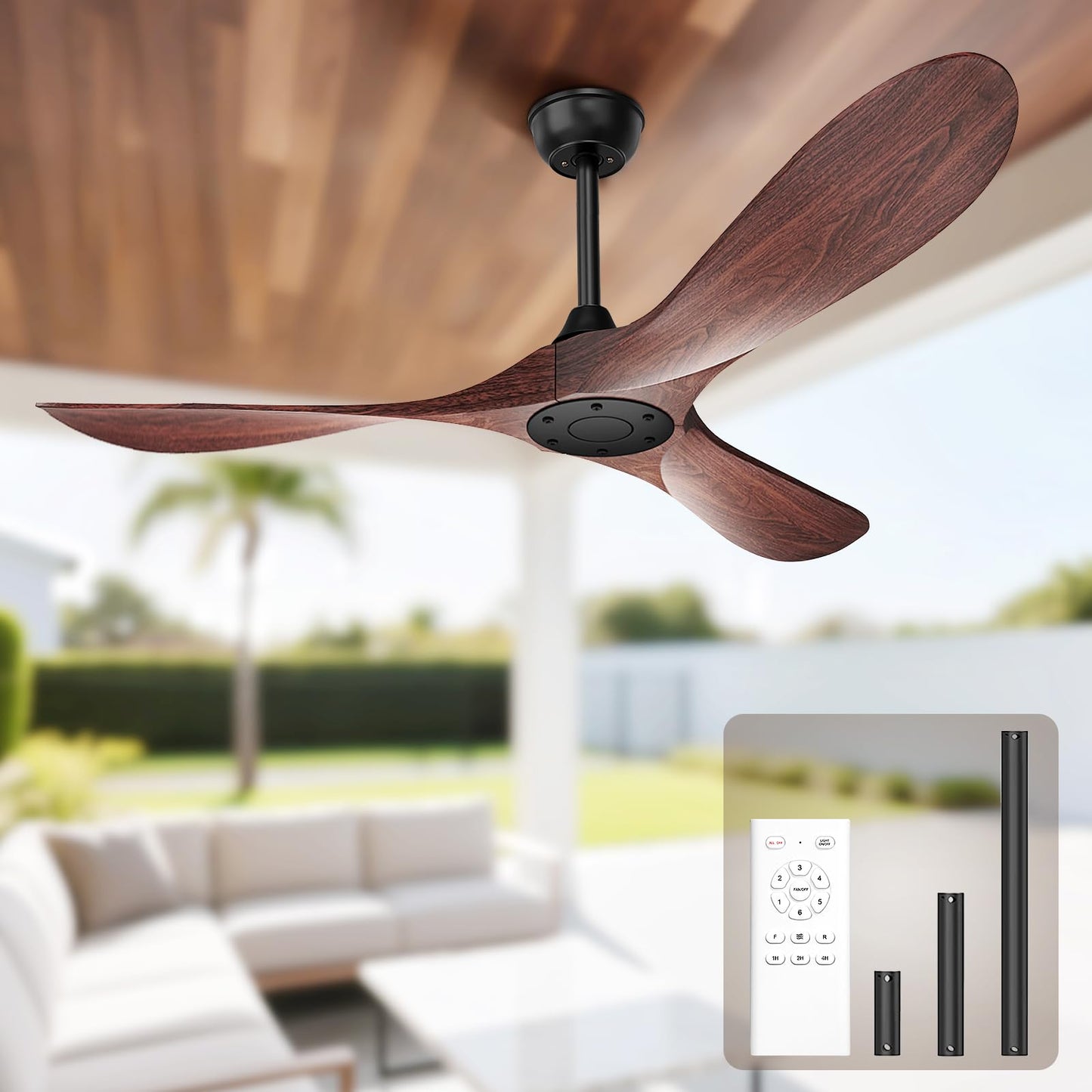 Obabala 52 Inch Ceiling Fan Without Lights, Walnut Finish | Outdoor Ceiling Fan with Remote, 6-Speed Adjustable Reversible DC Motor for Patio & Living