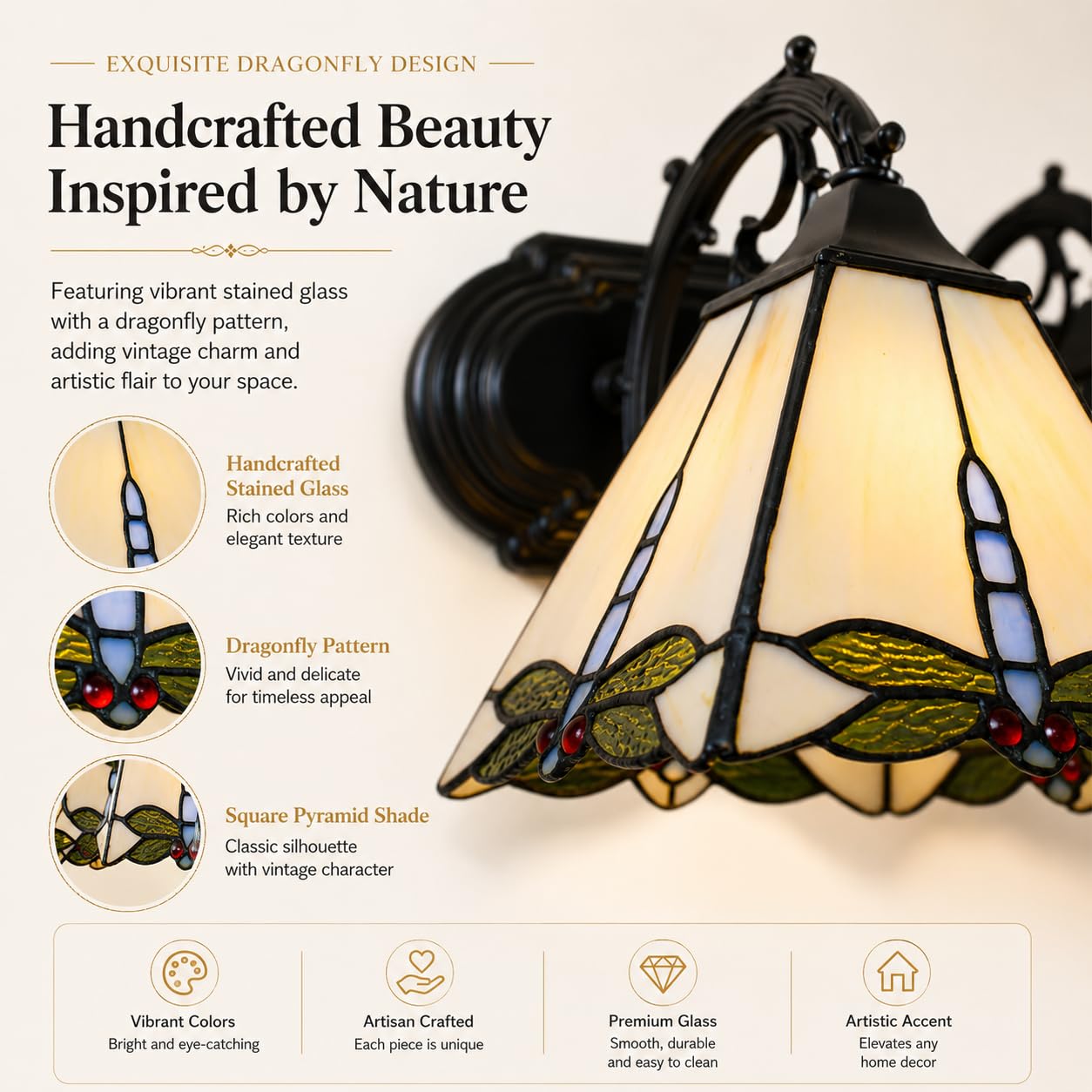 Kaichenyt Tiffany Style Wall Sconce 3 Heads Vintage Lamp Fixtures with Dragonfly Pattern & Stained Glass Indoor Wall Mounted Light for Bedroom Living