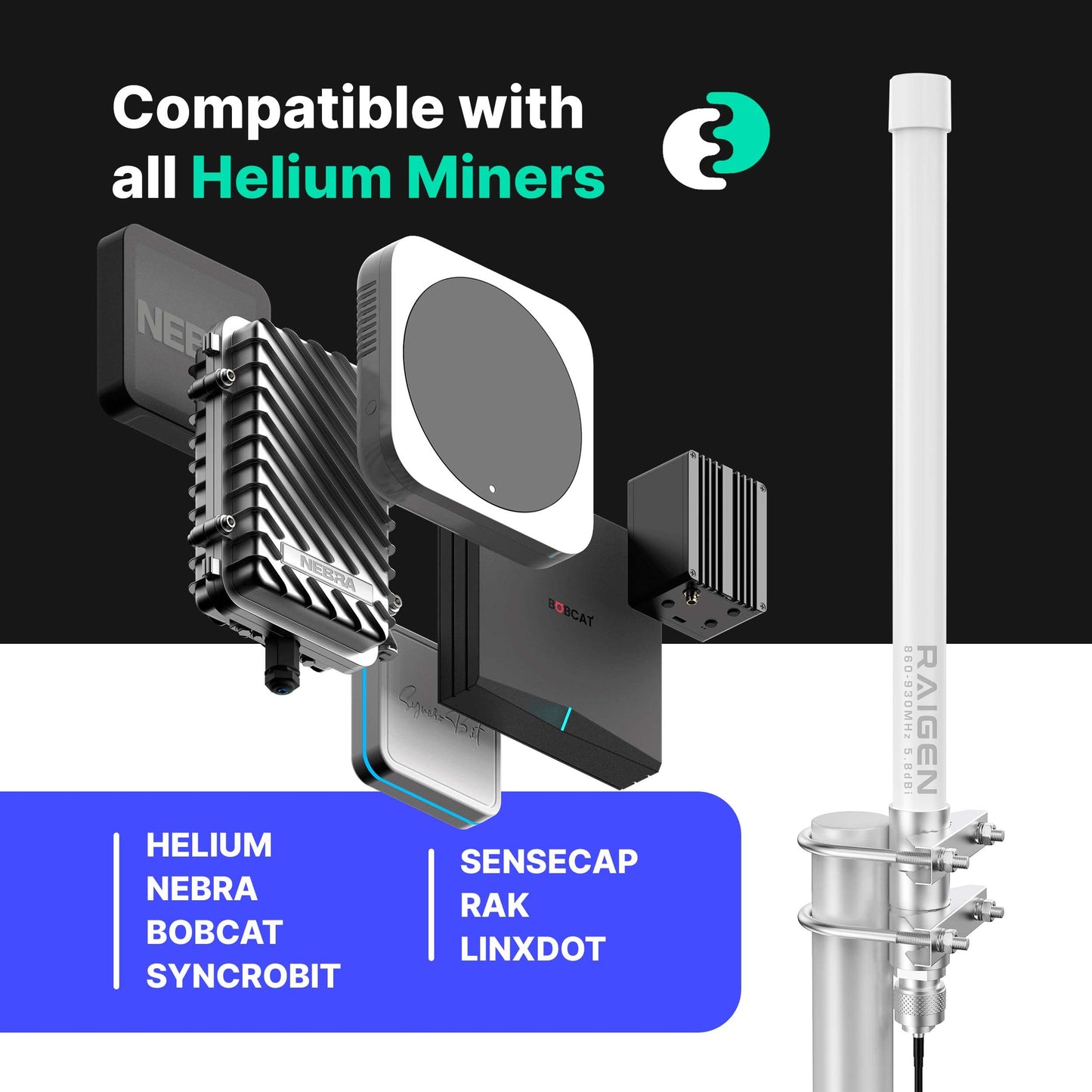 RAIGEN 3 dBi LoRa 915 MHz Antenna 12” Outdoor Omni-Directional, Raigen 400 Low-Loss 5ft Cable, 860-930 MHz for WiFi, IOT, RFID, & Helium Miner