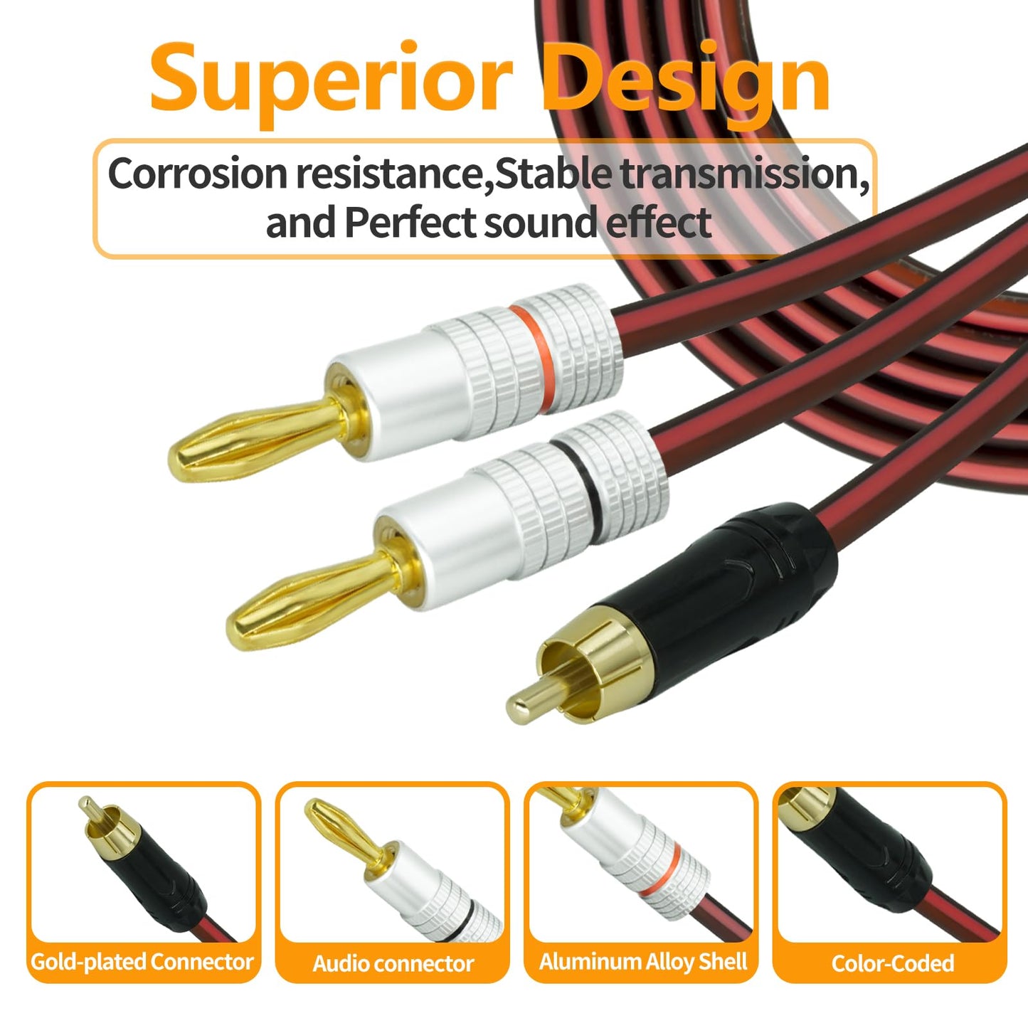 Yuchenfeng 2Pack RCA to Banana Plug Speaker Cable 14AWG 4N OFC Gold-Plated - Double Shielded Audio Cable for Amplifier, Subwoofer, Home Theater 16.4FT