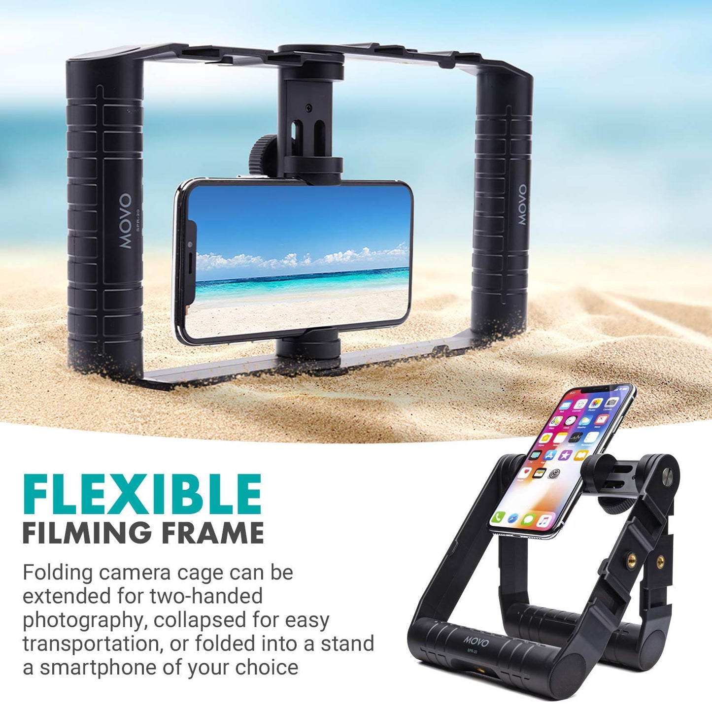 Movo SPR-20 Foldable Smartphone Video Rig Cage with Cold Shoe Mounts for Microphone or LED Light - Vlogging Mount Compatible with iPhone, Android