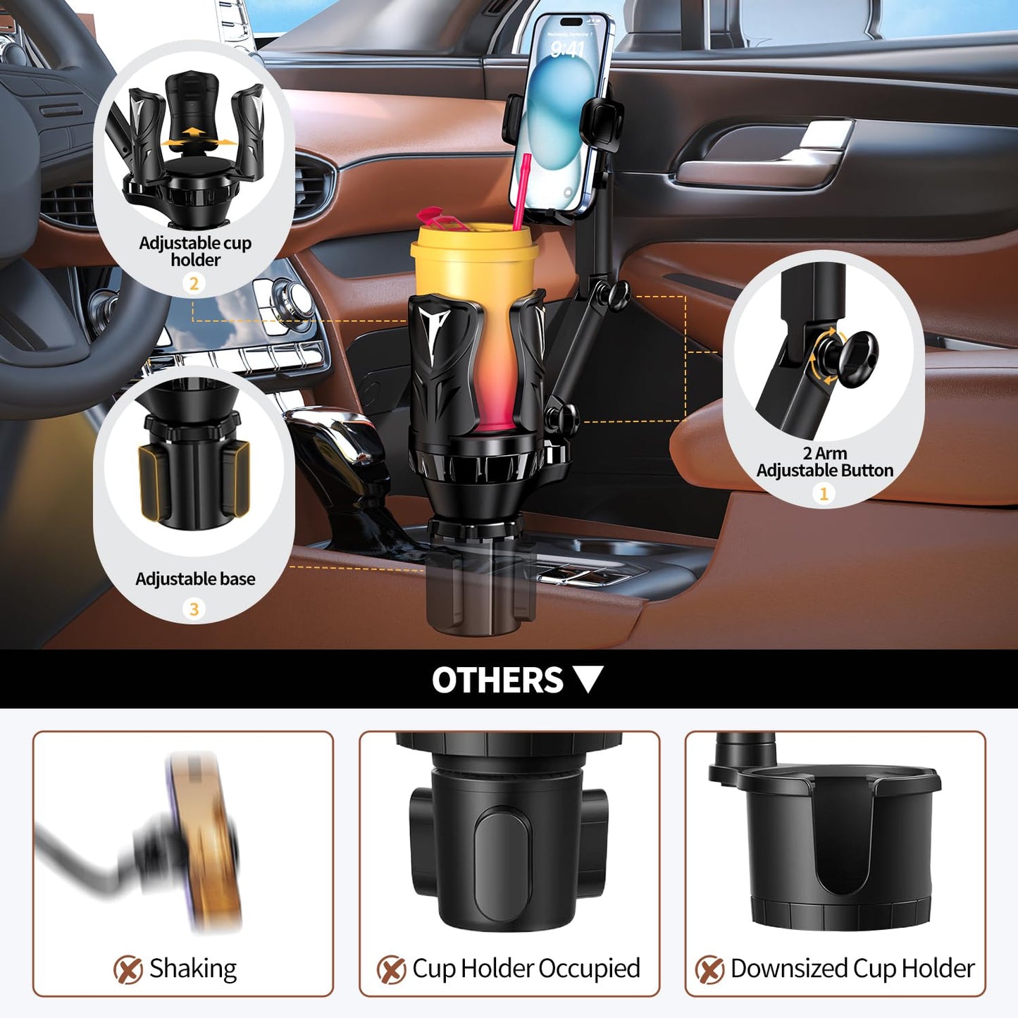 Phone Holders for Your Car, Adjustable Car Cup Holder Expander with Rubber Grip, Secure Hold, Multi-Scenario Use for Drivers, Commuters & Road Trips