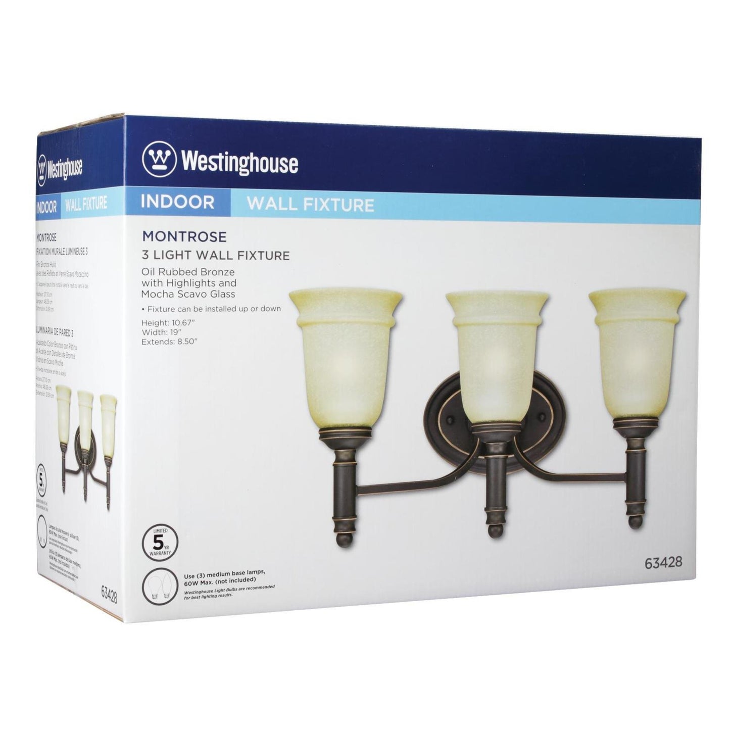 Westinghouse 6342800 Montrose Three-Light Indoor Wall Fixture, Oil Rubbed Bronze Finish with Highlights and Mocha Scavo Glass