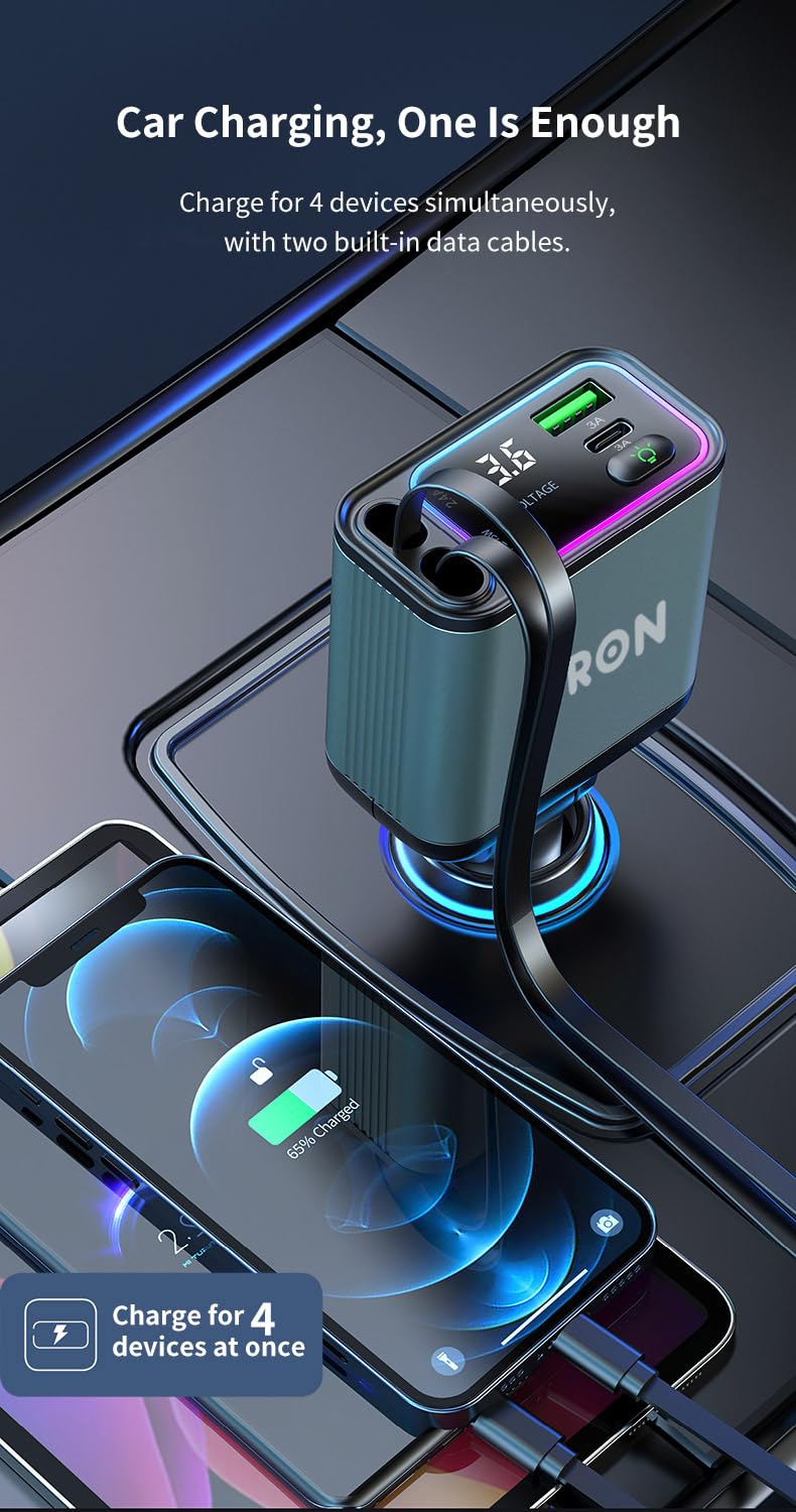 TRON 4 in-1, USB C Car Charger 65W,Retractable Cables (2.6Ft) and 2 USB Ports Car Charger Adapter,USB-C & USB-L Cable,Quick Charge for Android