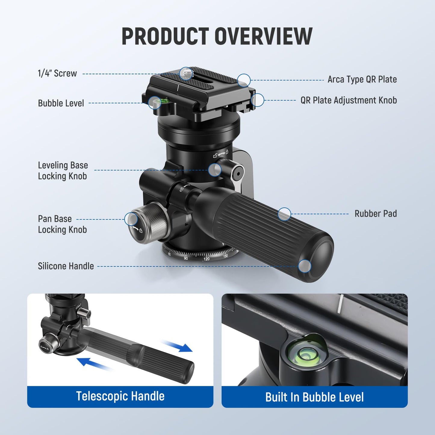 NEEWER Video Camera Tripod Pan Tilt Head with +/-15° Leveling Bowl Base, Photography Tripod Head with Retractable Handle, 1/4" Arca Type QR Plate