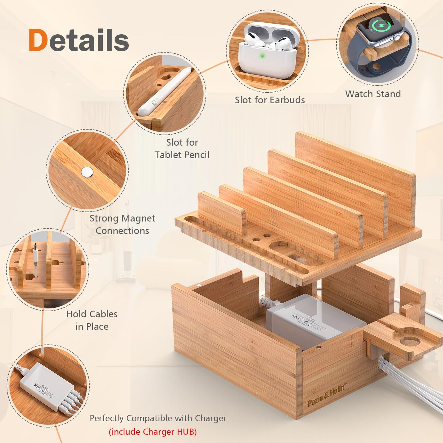 Pezin & Hulin Bamboo Charging Station for Multiple Devices Include 5 Port USB Charger, 5 Cables, Desktop Organizer for Phones, Tablet, Wooden Docking