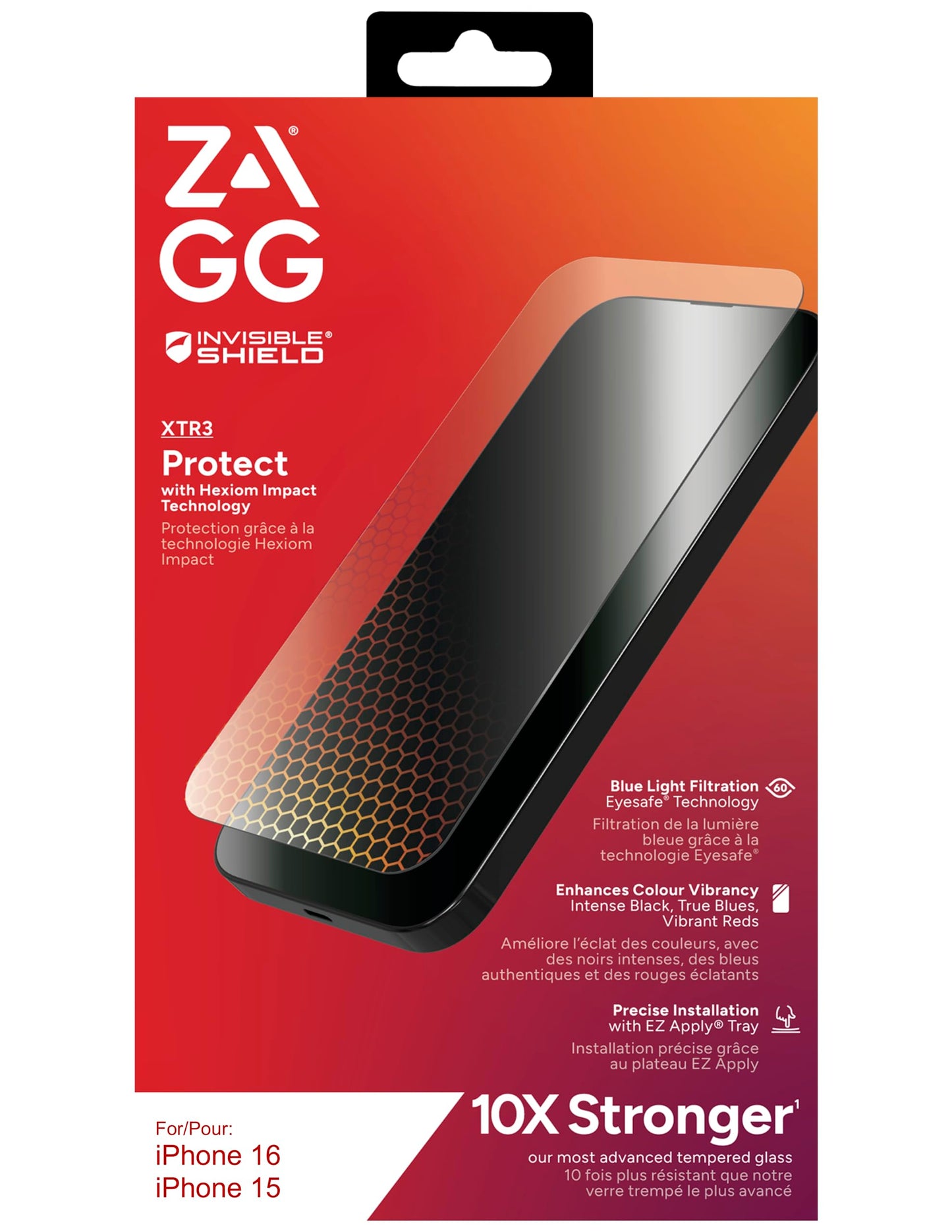 ZAGG InvisibleShield Glass XTR3 iPhone 16/15 Screen Protector - Blue-Light Filtration, 10X Stronger, Scratch & Smudge-Resistant Surface, Edge-to-Edge