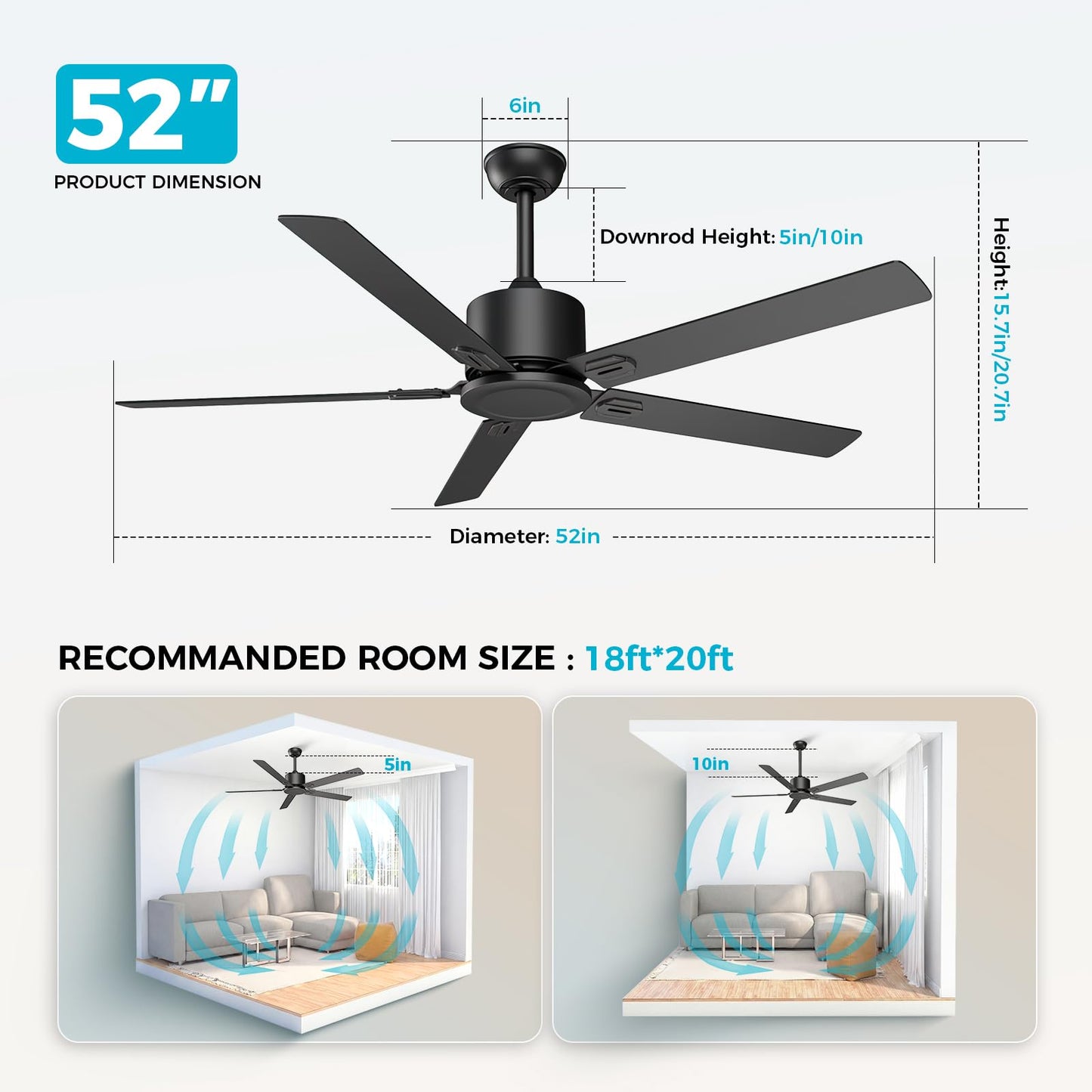 Obabala Outdoor Ceiling Fan No Light, 52 Inch Black Modern Ceiling Fan Without Light, Dual Finish 5 Blades,6 Speed, Reversible Quiet DC Motor