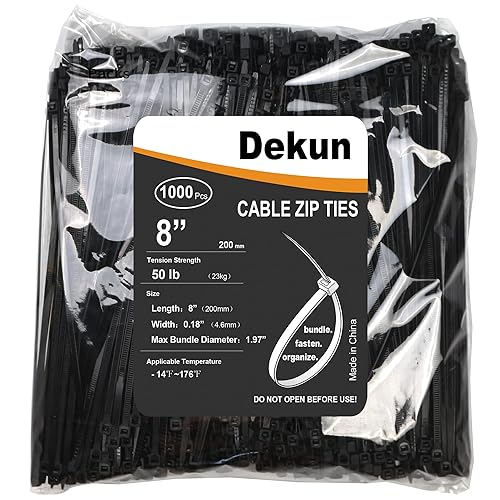 Dekun 8 Inch Zip Ties Black 1000 Pcs, 50 LB Tensile Strength Premium Nylon Cable Ties Wire Management Ties (8 Inch, Black, 1000 Pack)