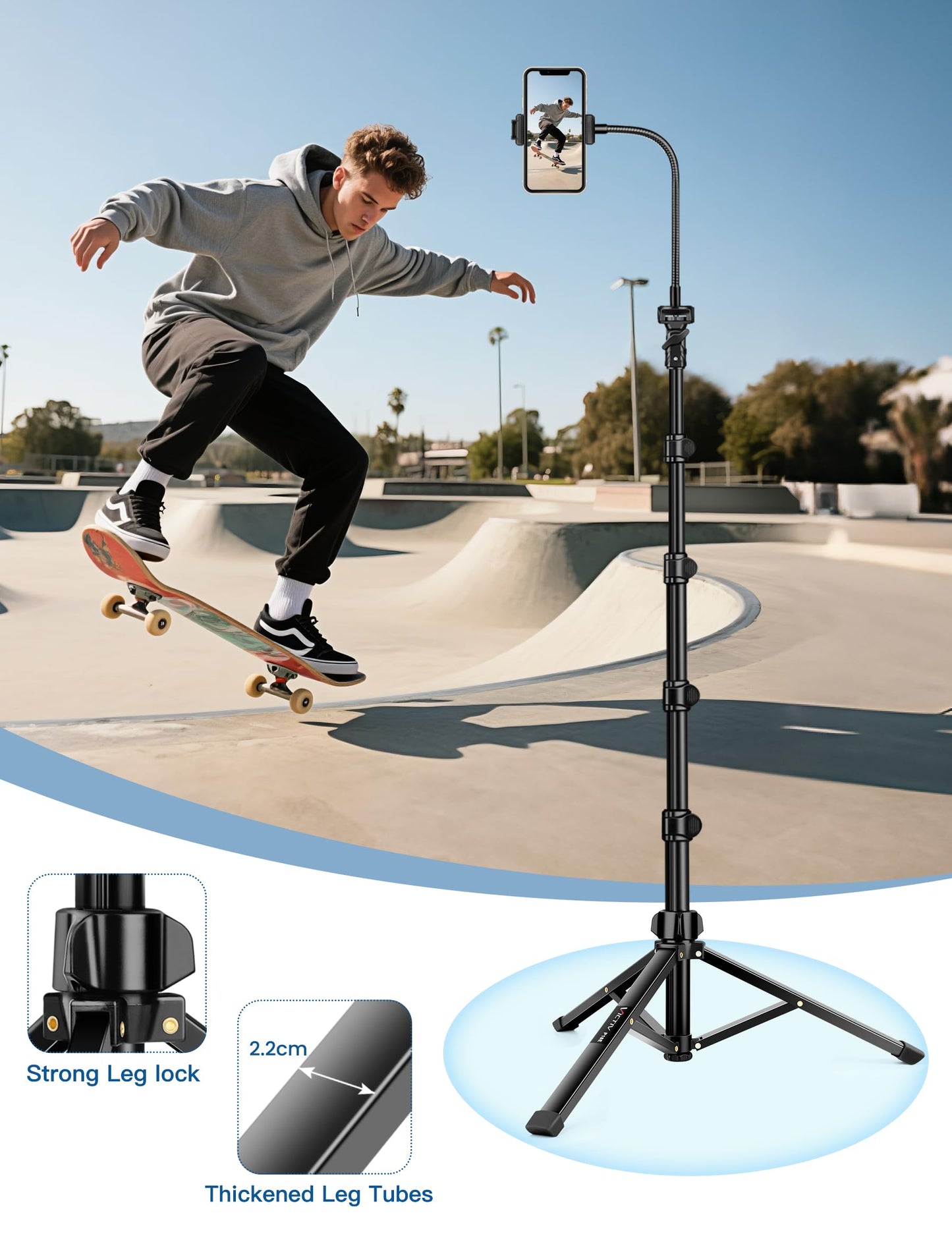 Phone Tripod Stand, 85" Tall Cellphone Tripod for iPhone with Gooseneck Remote, Flexible Portable Phone Stand for Recording, Compatible with iPhone 14