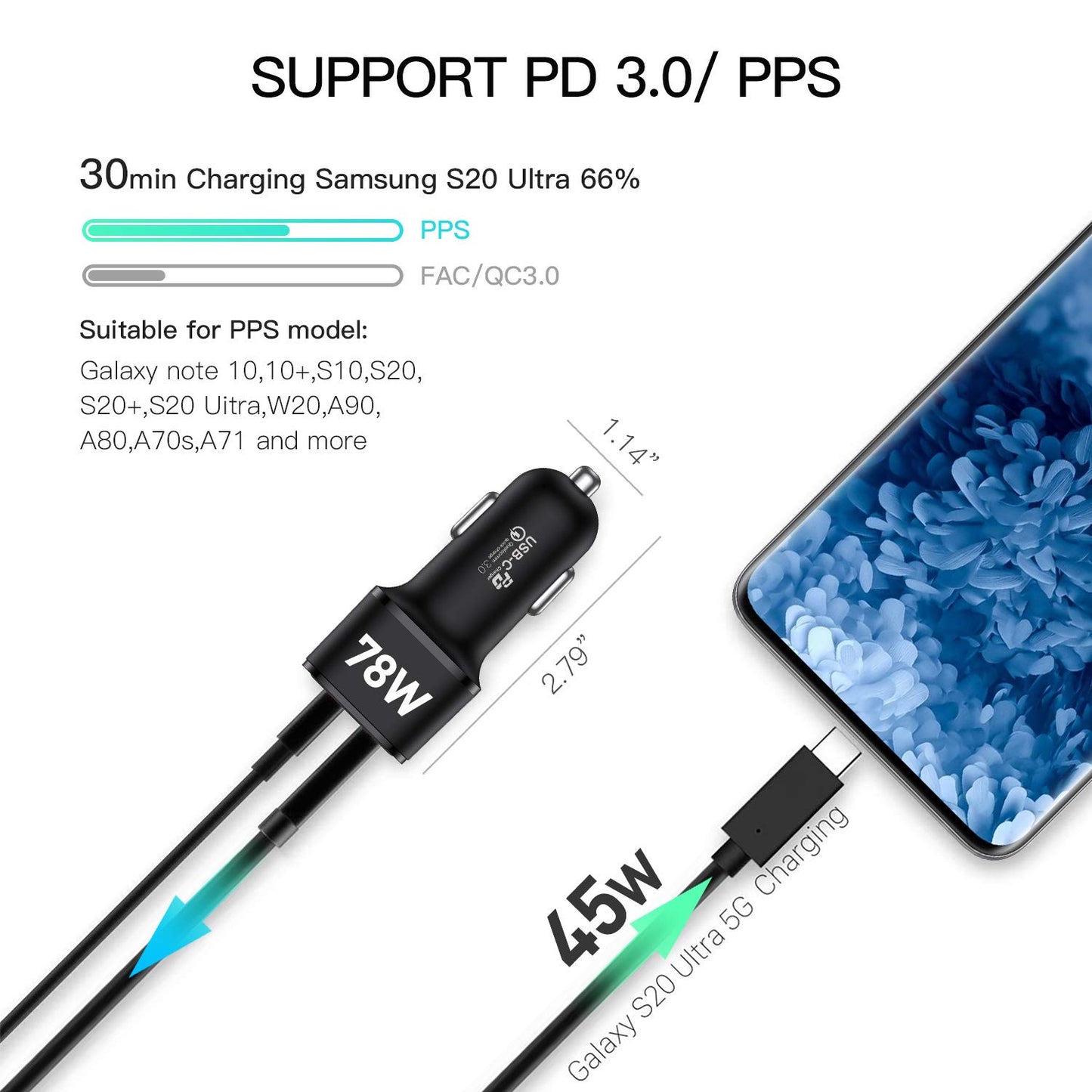 REXING JETSPEED Black 78W PowerDrive+ USB-C Car Charger, 2 Port QC3.0/PD3.0 for Dashcam/Android/iPhone/iPad/MacBook/Windows Fast Charge Dual Cigarette
