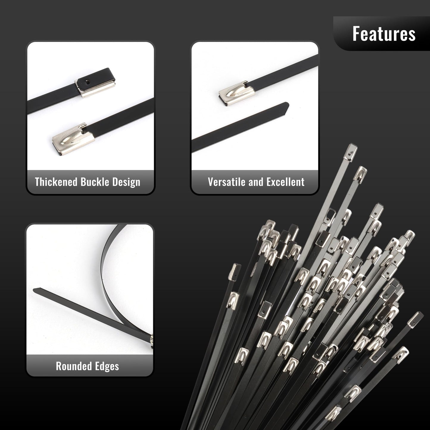 U.S. Solid Metal Zip Ties 11.81 inch Long 100pcs 304 Stainless Steel Heavy Duty Self-locking Cable Ties Suitable for Machinery Vehicles Farms Pipes