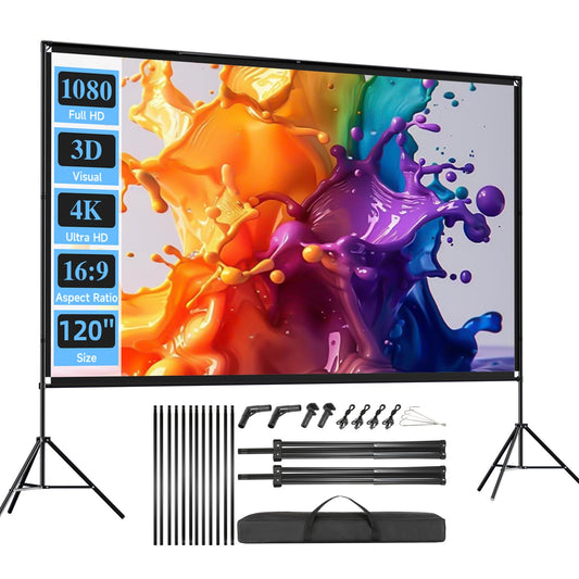 Outdoor Projector Screen with Stand, SCREENMAX 120 inch Foldable Projector Screens with Portable Carry Bag, 16:9 4k HD Rear Front Wrinkle-Free