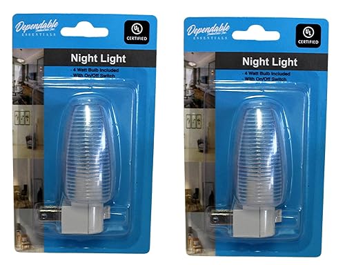 Set of 2 Night Light On/Off Switch UL Certified White Base Clear See Thru Top Suitable for Bathroom, Bedroom, Hallway (Traditional)