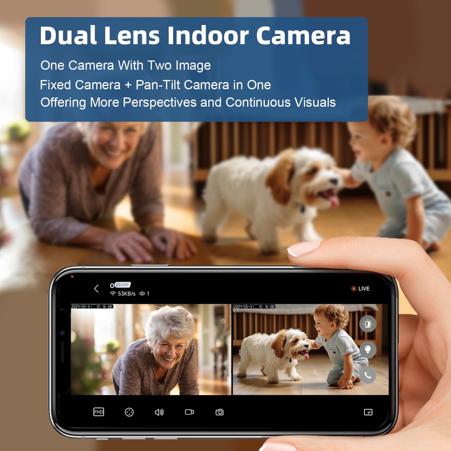 Kinnkall Indoor Security Camera 1.5" Display for Baby & Pet Monitoring, PTZ with Motion Tracking, Two-Way Audio, 24/7 Cloud/SD Storage, 2.4G WiFi