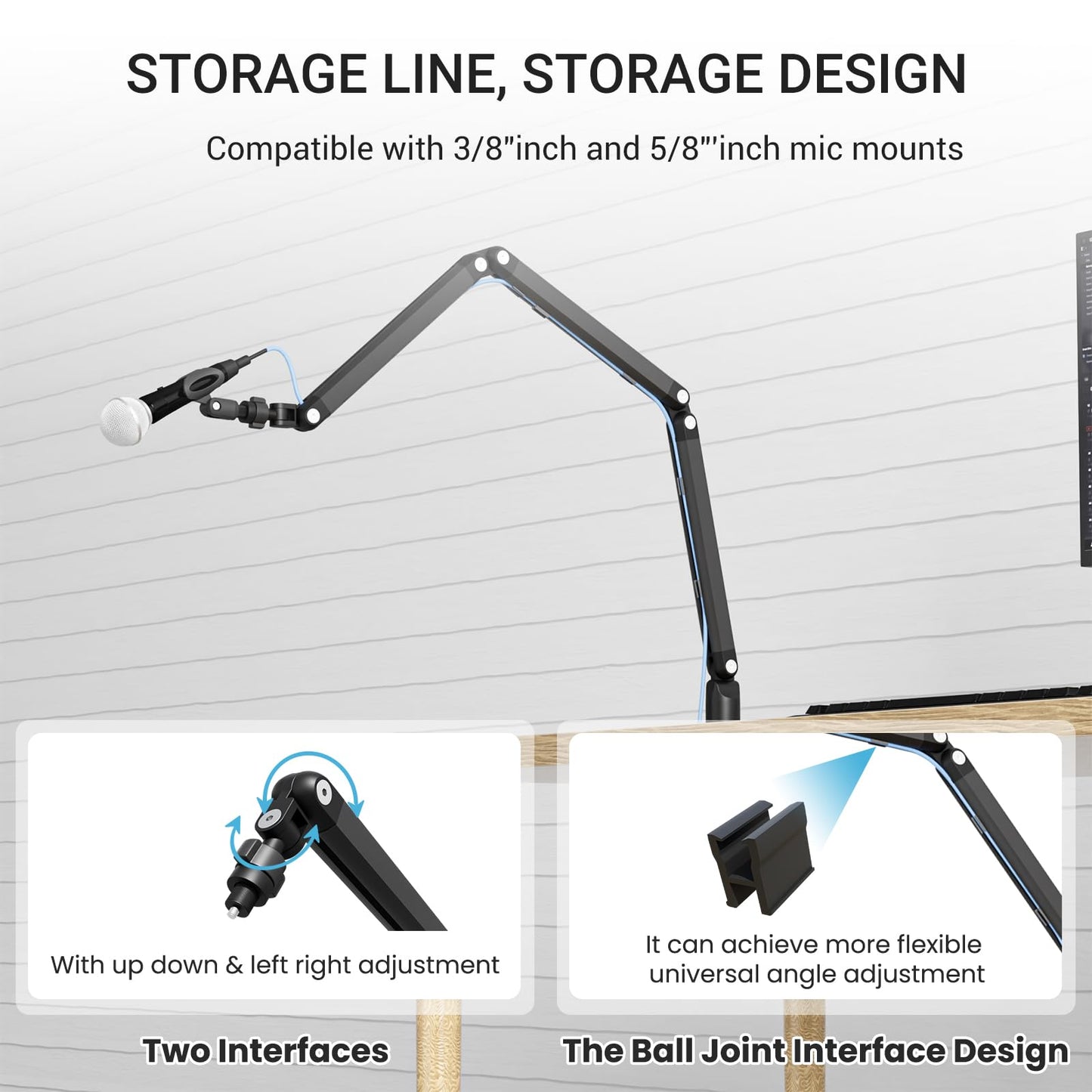 Adjustable Mic Arm, 30 Inch Rotatable Desktop Stand With Cable Management And 3/8 "5/8" Thread, Suitable For Lightweight Microphones Weighing Up To 3