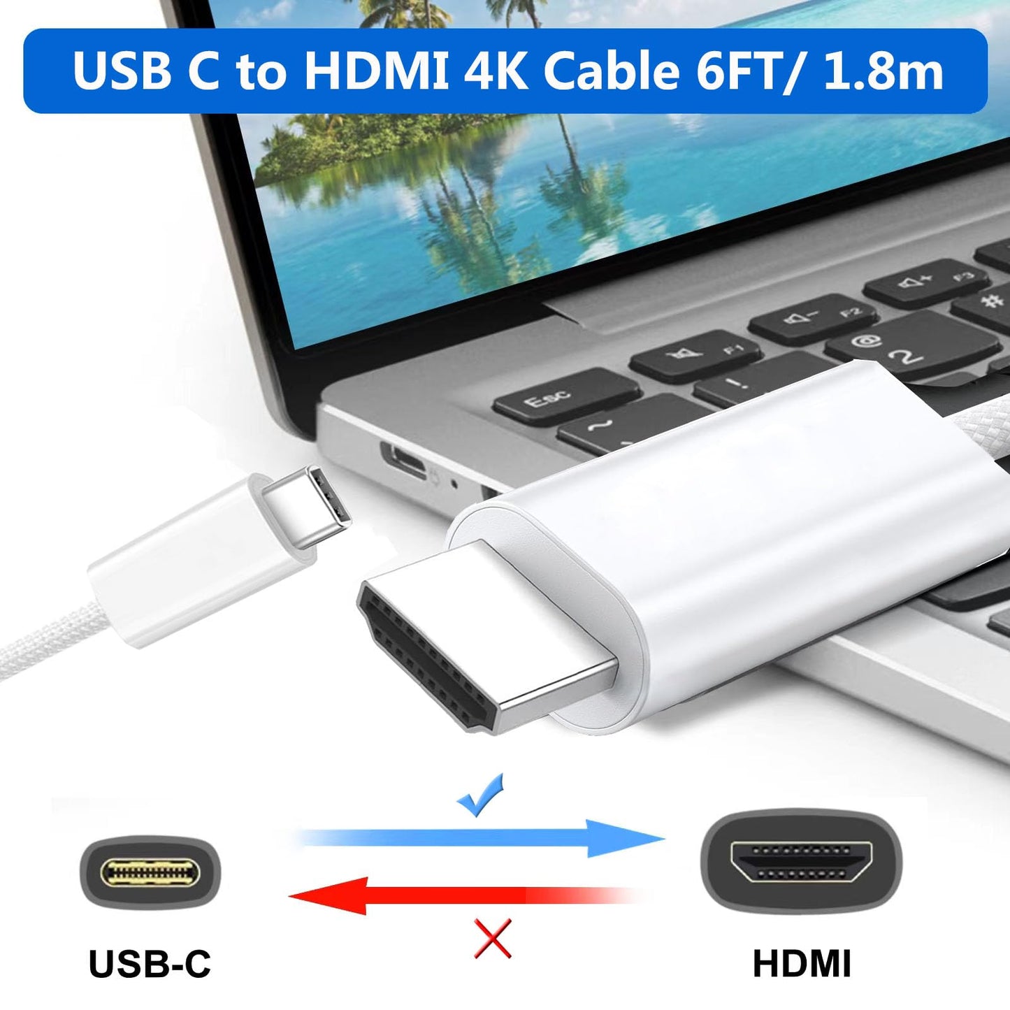 sartyee 4K@60Hz USB C to HDMI Cable 6FT, 1080P High-Speed Type C to HDTV Adapter, Compatible with Thunderbolt 4/3, iPhone 15/ Pro, Pad, MacBook/Pro