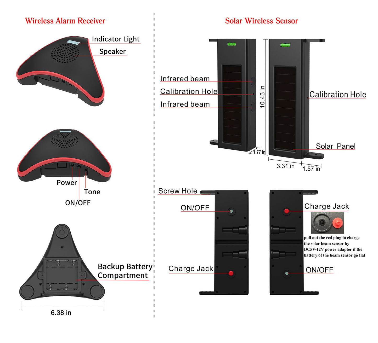 HTZSAFE Solar Wireless Driveway Alarm System- 1/4 Mile Long Transmission Range- 190 Feet Wide Sensor Range- No Wiring No Need Replace Battery- Outdoor