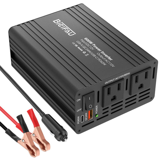 600W Inverter 12V to 110V, DC to AC Car Power Inverter for Vehicles with 65W USB-C Fast Charging 24W USB-A Dual AC Socket Adapter