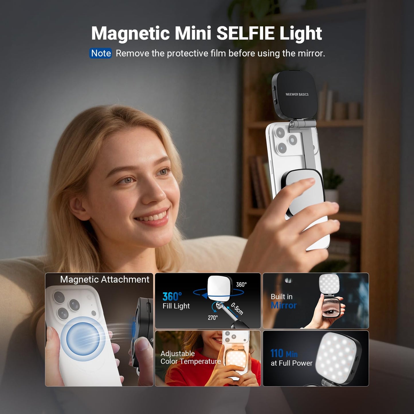 NEEWER Basics Magnetic Selfie Light Compatible with MagSafe iPhone, 2W CRI95+ Bi Color Swivel Small LED Phone Fill Lighting, 680lx/0.3m, Mirror