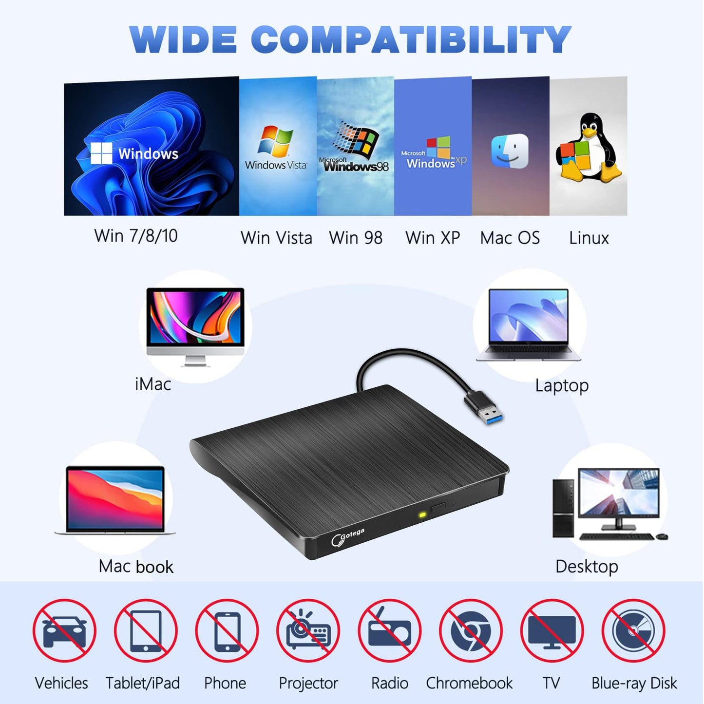 Gotega External DVD Drive, USB 3.0 Portable +/-RW, DVD Player for CD ROM Burner Compatible with Laptop Desktop PC Windows Linux OS Apple Mac Black
