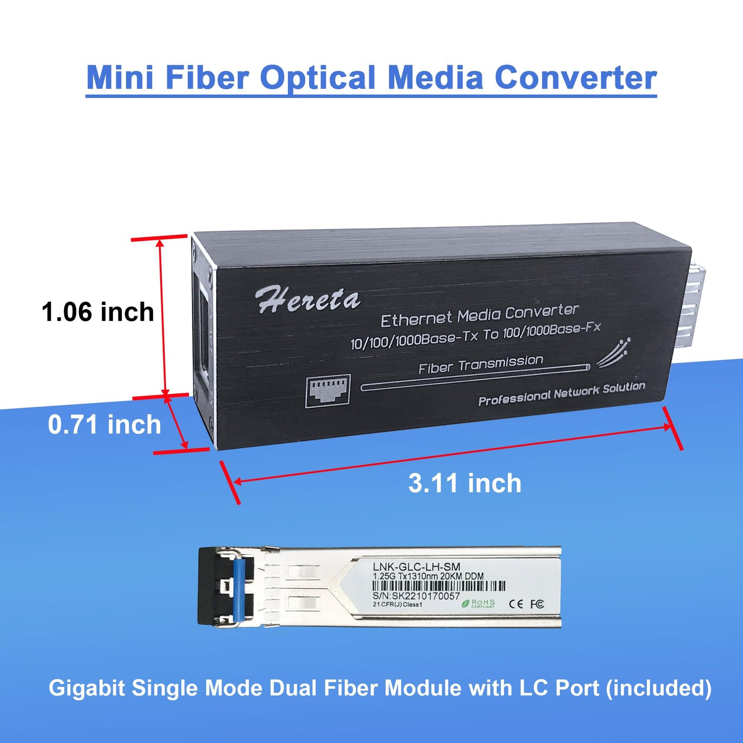 Industrial Gigabit Fiber Media Converter with Single Mode Dual Fiber SFP/LC Module 10/100/1000Base-TX to 100/1000Base-Fx Mini Ethernet Media Hardened