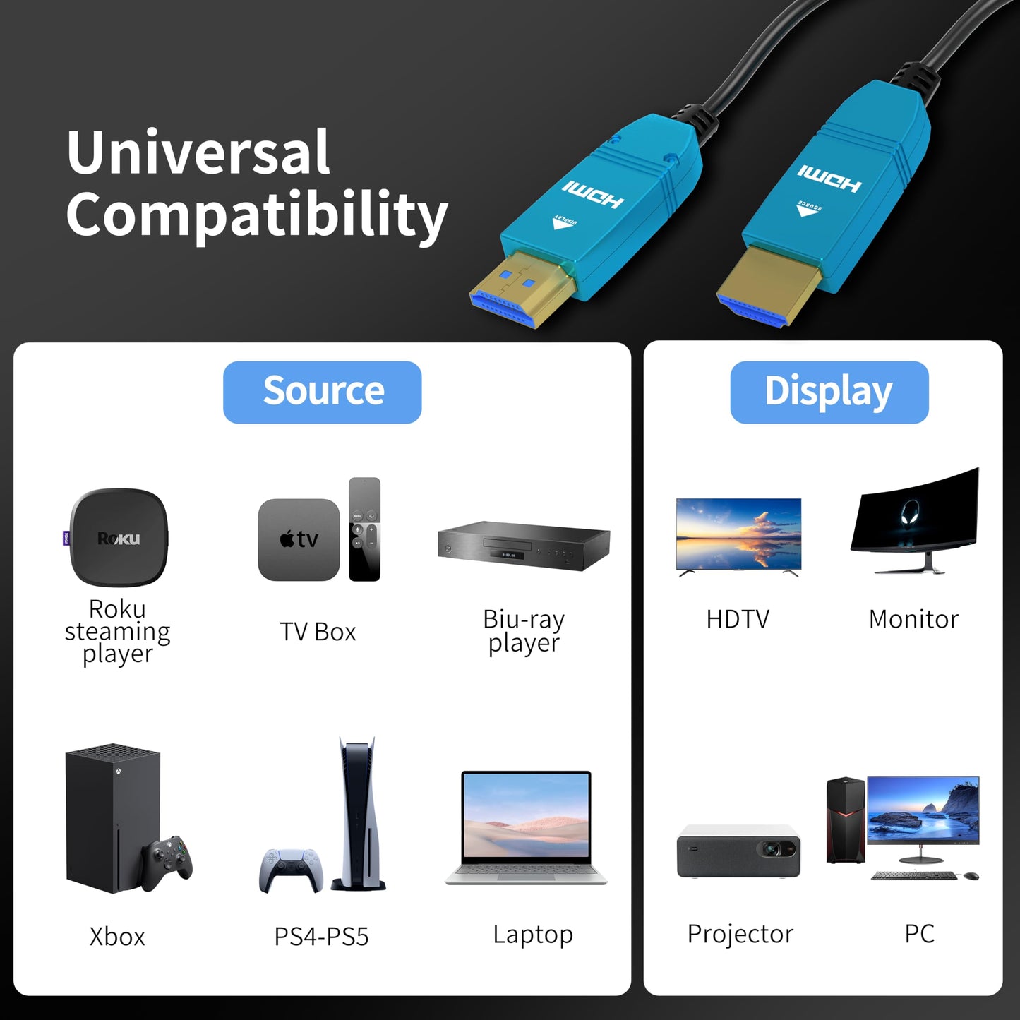 BlueAVS 30 Feet HDMI Fiber Optic Cable 4K 60Hz HDMI 2.0b High Speed 18Gbps Dynamic HDR10 HDCP2.2/2.3 eARC Black