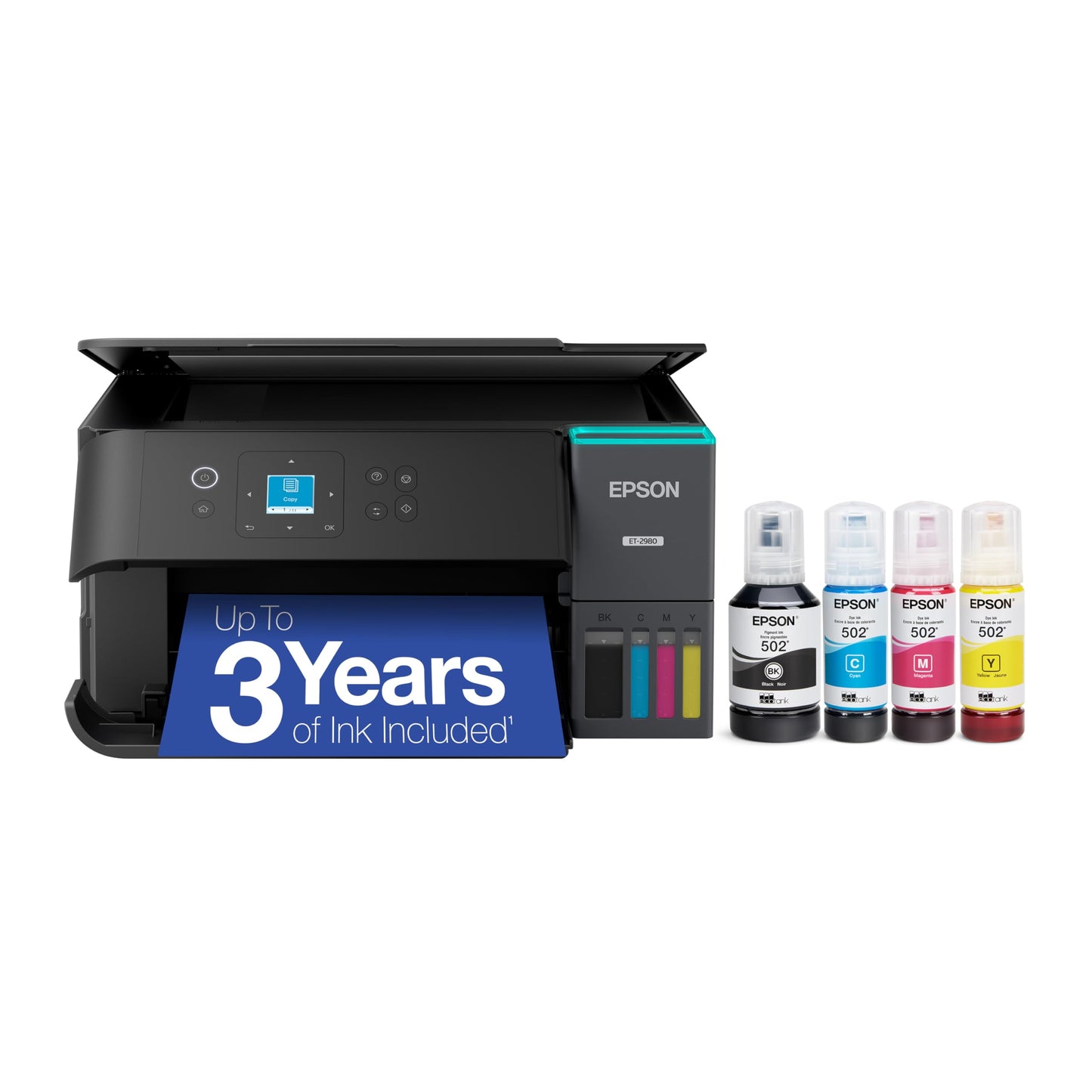 Epson EcoTank ET-2980 Wireless All-in-One Color Supertank Printer with up to 3 Years of Ink, Refillable Tanks, Perfect for Home, 15 PPM, 1.44" Color