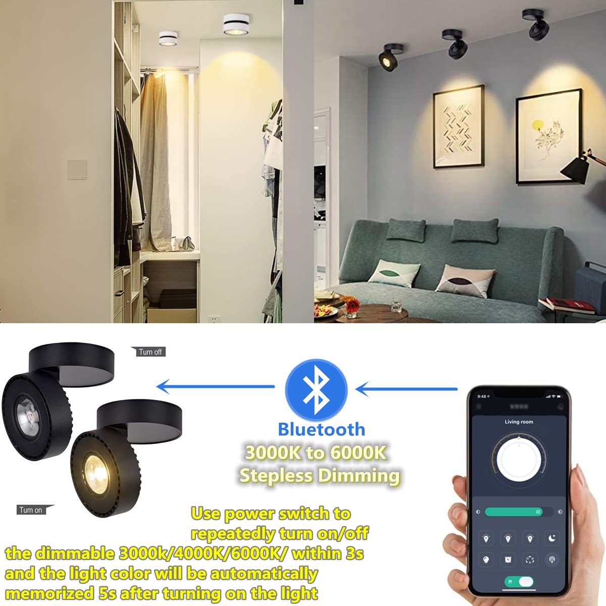 Dimmable Art Ceiling Spotlight LED - 360° Adjustable Surface Mounted Dimming 12W COB Lighting Indoor Ceiling Downlight Aluminum Wall Spot Light