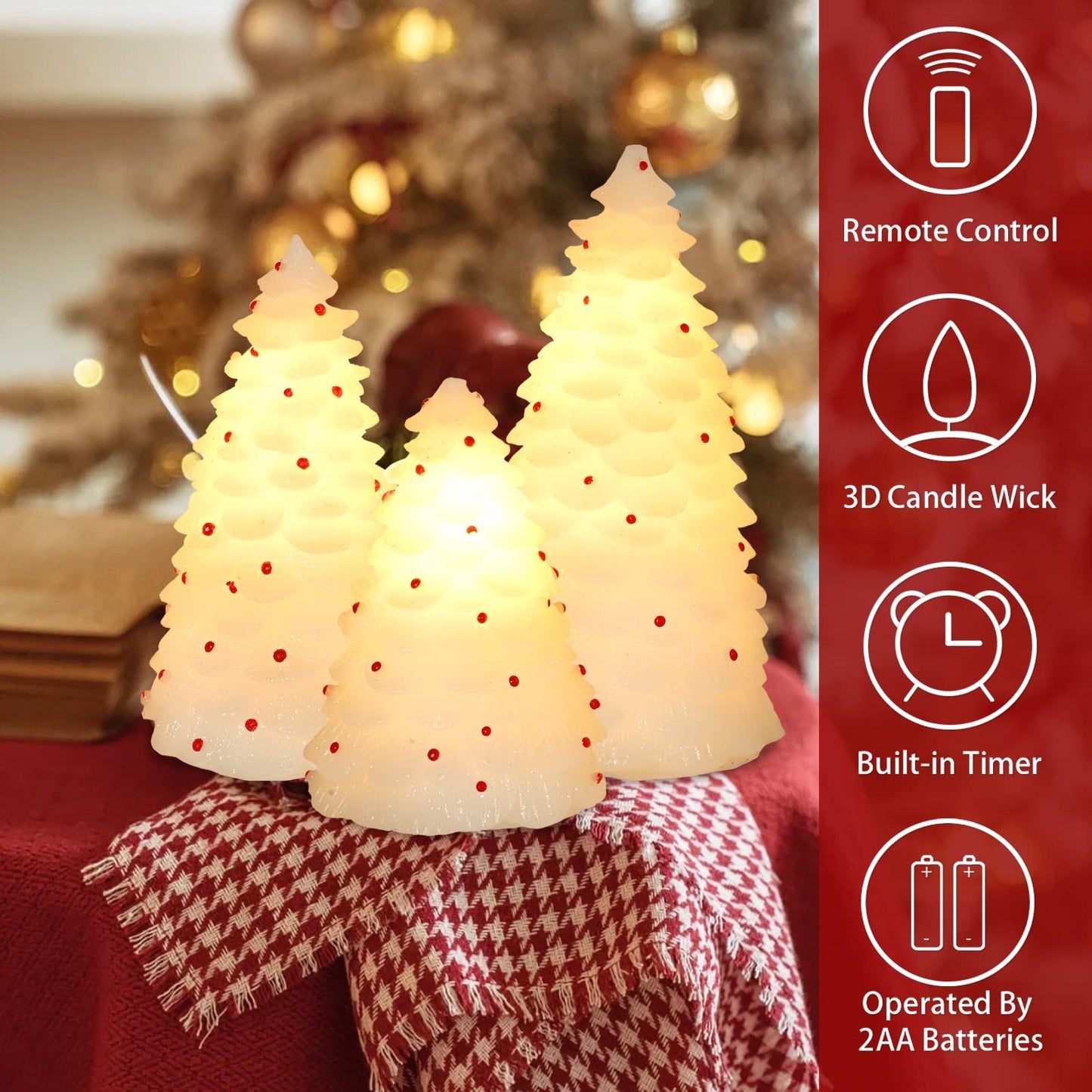 MELTONE LED Christmas Candles with Remote: Handmade Carved Christmas Tree Real Wax Holiday Flameless Candles - Home Party Bedroom Xmas Holiday Easter