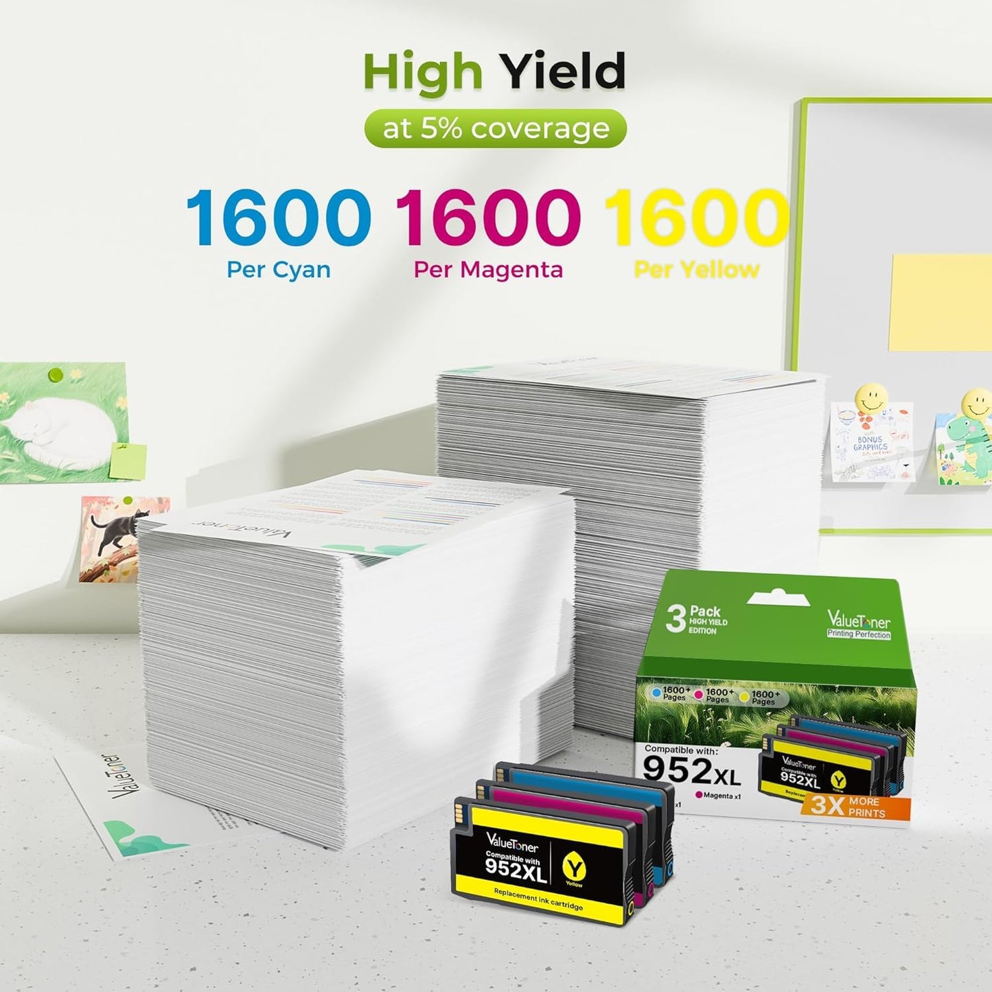 952XL Ink Cartridges Combo Pack High Yield for HP 952 XL Replacement 3-Pack