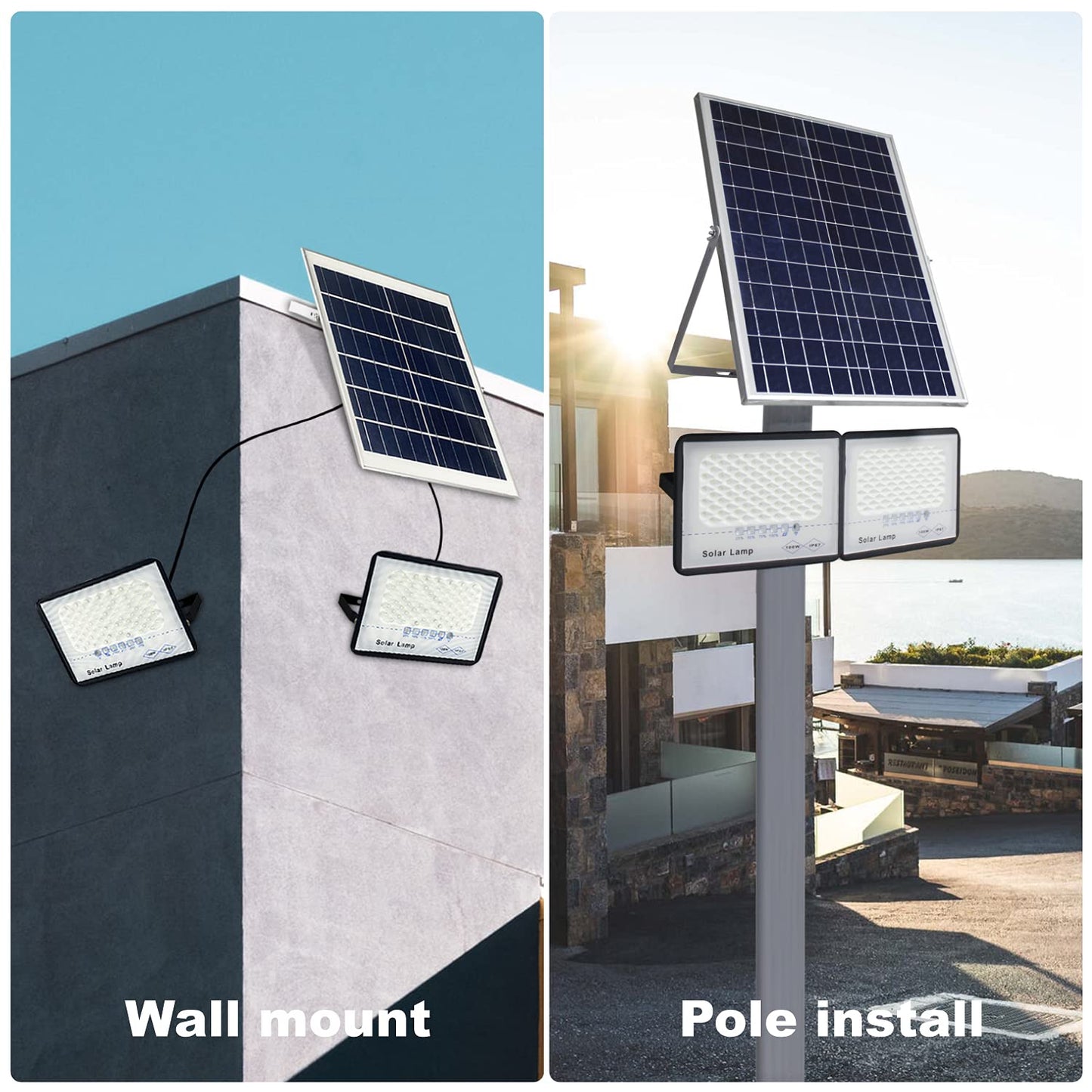 2 Pack 100W LED Solar Flood Lights Outdoor with Remote,Dusk to Dawn Solar Security Street Light Waterproof IP67 for Fence,Garden,Pool,Barn,Lawn,Flag