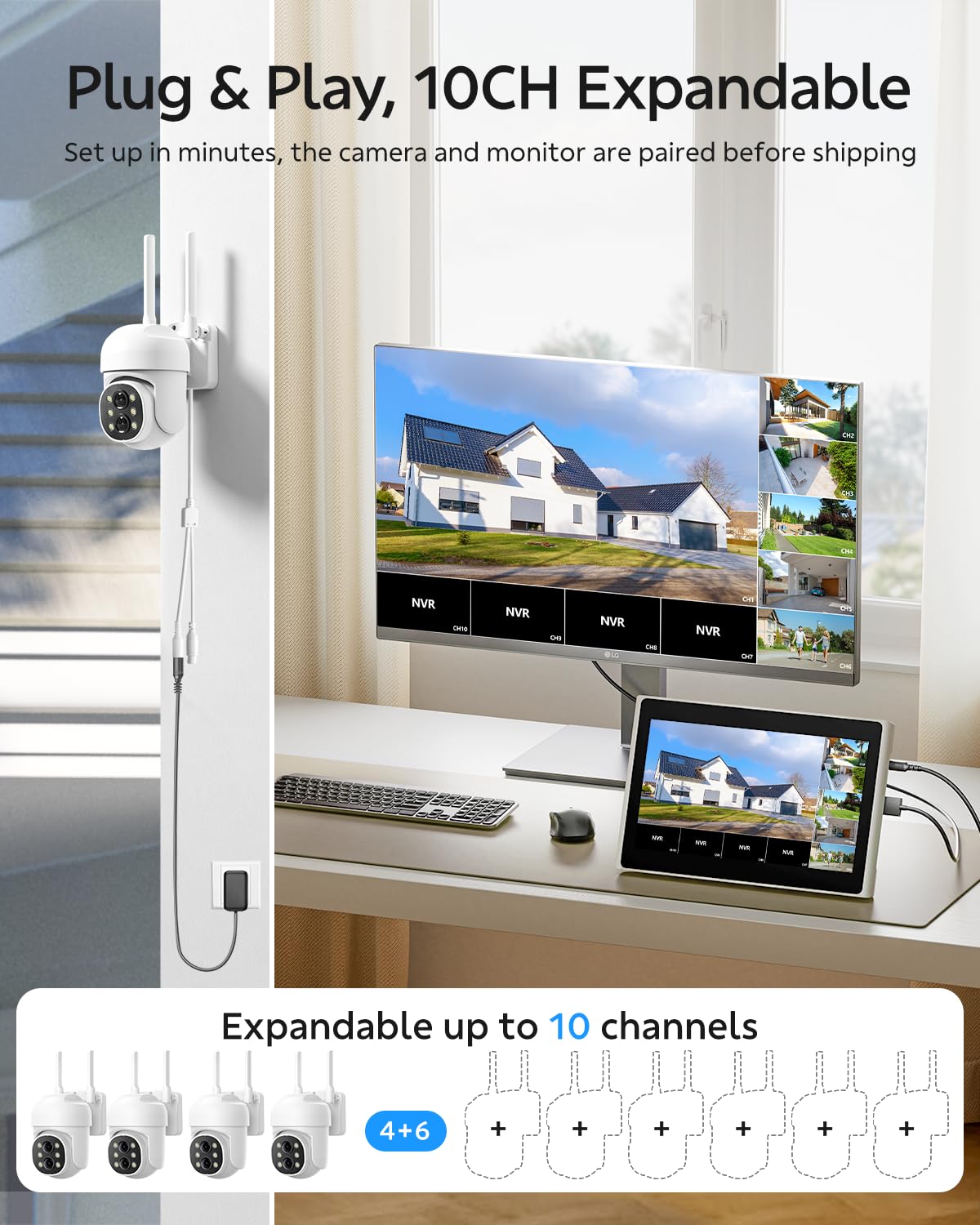 Camcamp Wireless Security Camera System with Monitor,10x Zoom 5MP Dual Lens Security Camera Outdoor with Night Vision,Motion Detection,Expandable 10CH