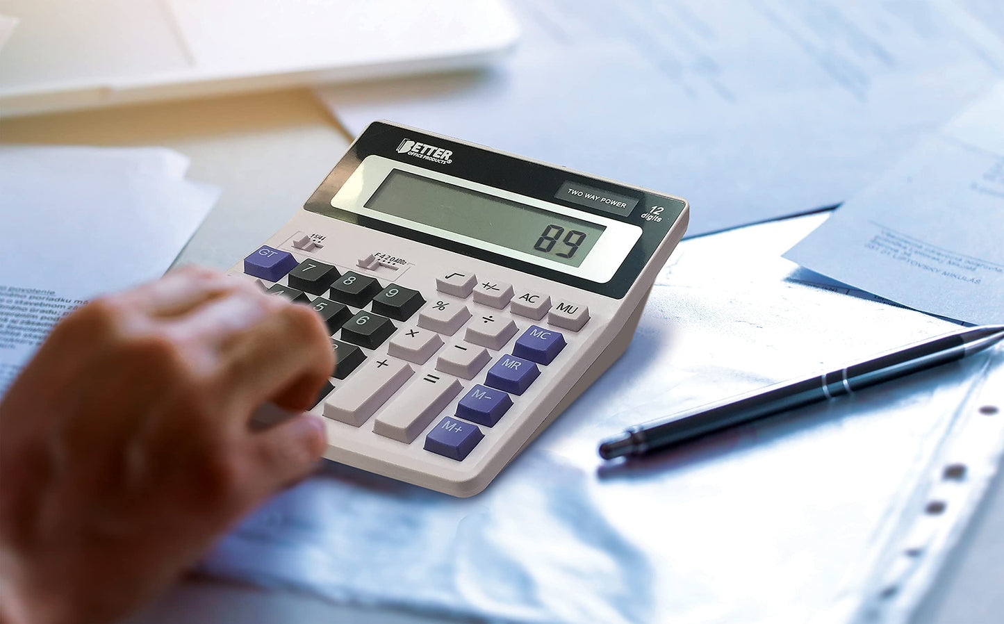 Better Office Products Extra Large Electronic Desktop Calculator, 12-Digit LCD Display, Angled Display Panel, 4 Function Memory Keys, Light Gray, Dual