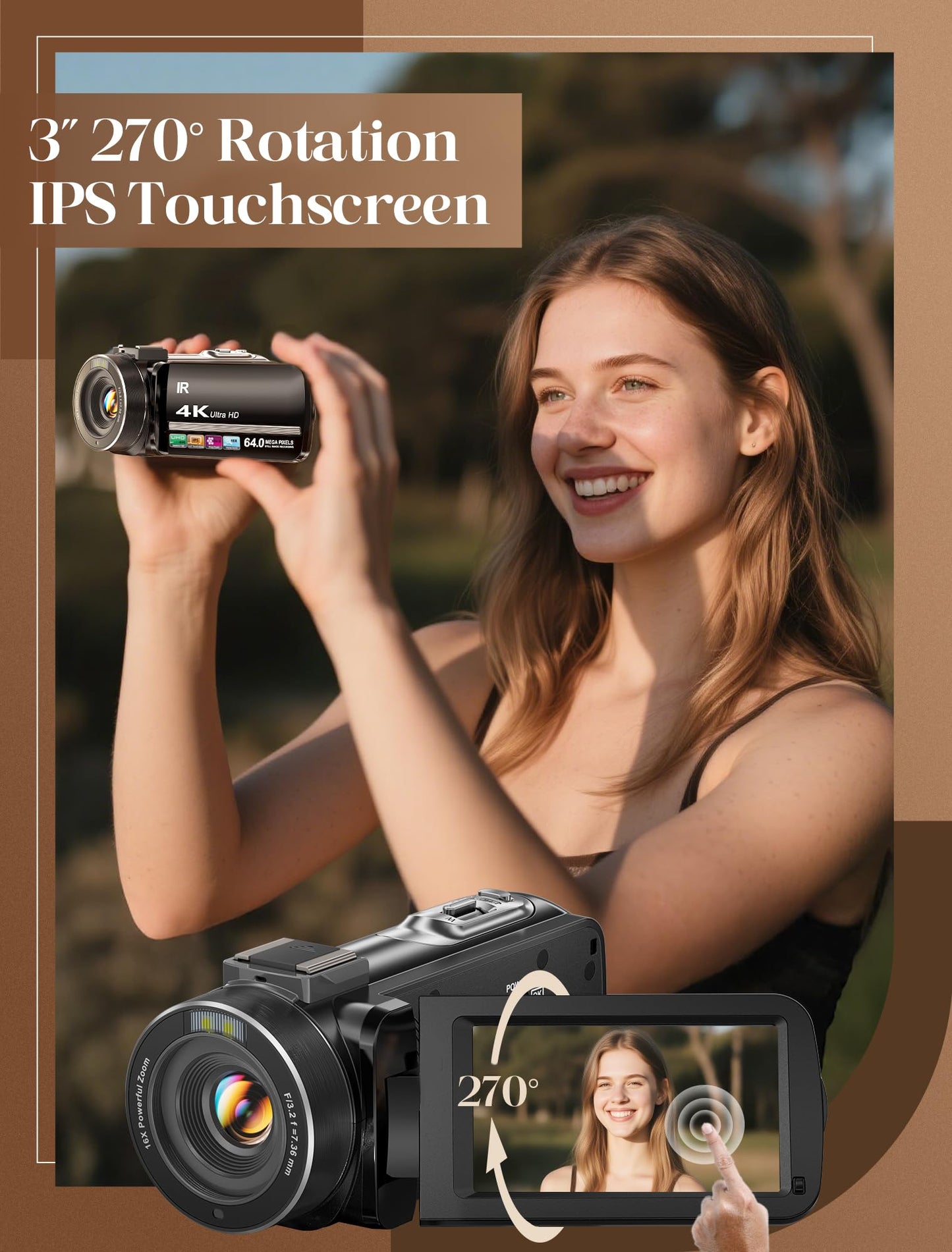 ZYDIIE 4K Video Camera Camcorder UHD 64MP Vlogging Camera for YouTube 18x Digital Zoom 3" 270° Rotation IPS Touchscreen Video Camcorder with Night