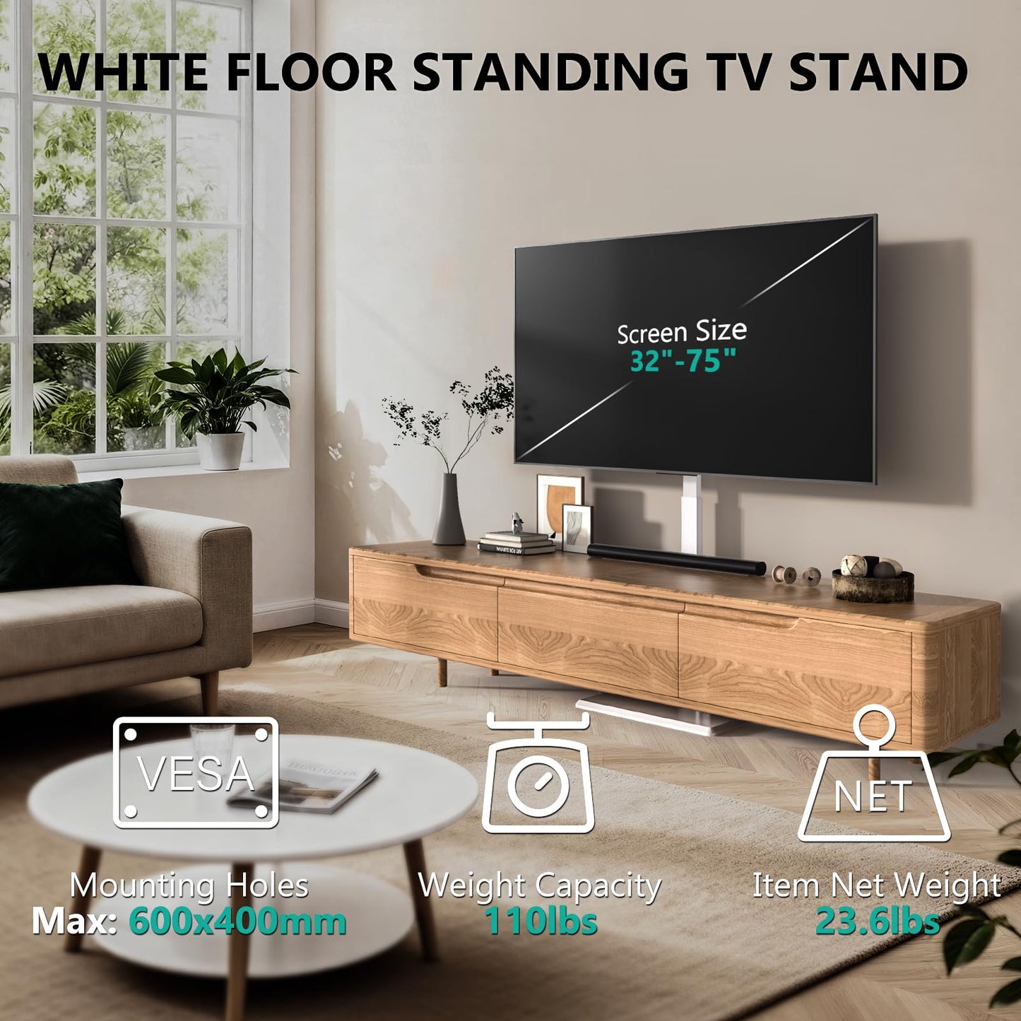 WALI Floor TV Stand with Power Outlet, Tall TV Stand Mount for 32-75 inch TVs up to 110 lbs, Swivel and Height Adjustable TV Stands with Wood Base