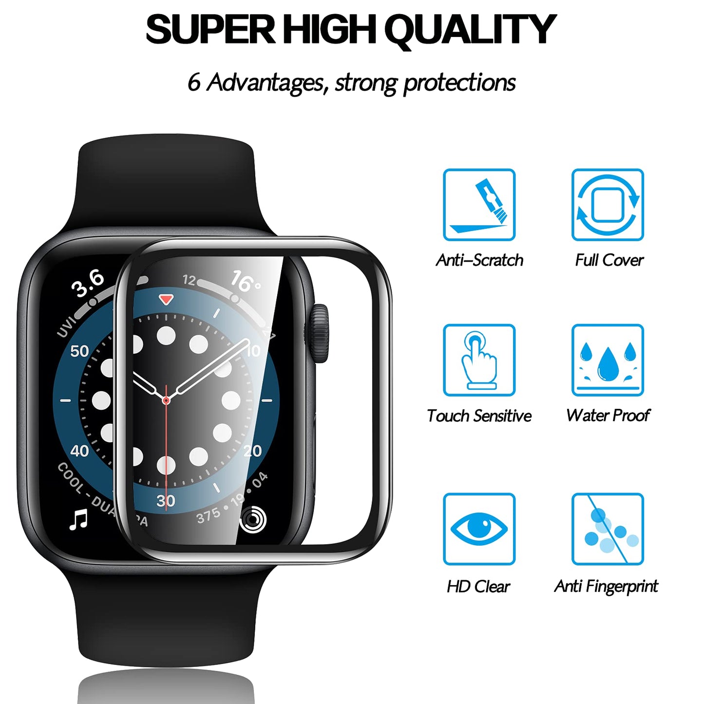 [2 Pack] Geekboy Tempered Glass Screen Protector for Apple Watch Series 6/SE/5/4, 3D Curved Edge Full Coverage Protective Cover, Anti-Scratch 9H