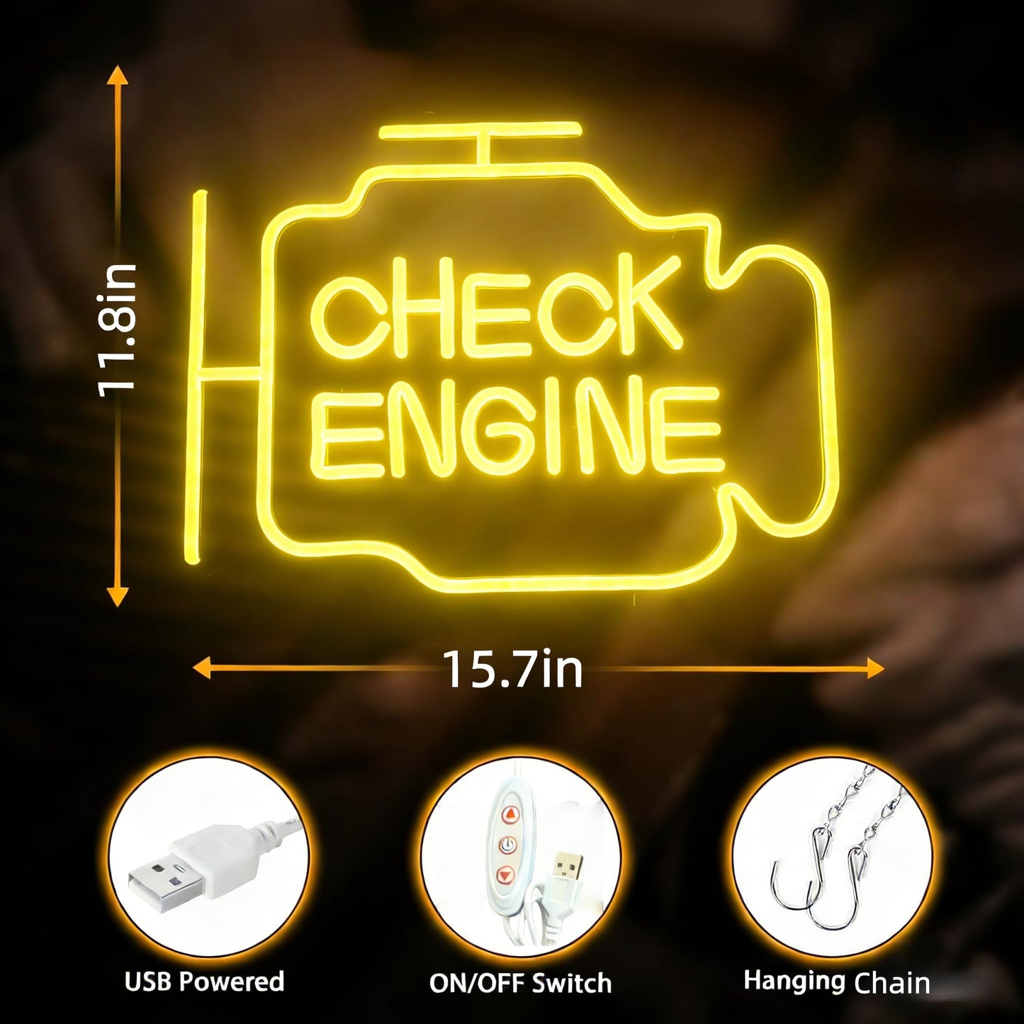 Check Engine Light Neon Sign for Man Cave & Garage, Large Size LED Wall Art, USB Powered, Funny Gift for Dad, Car Guys on Birthday & Father‘s Day