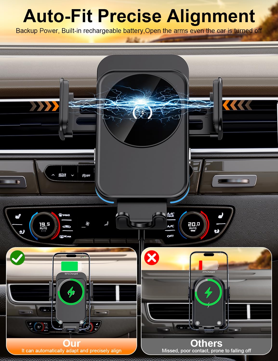 bokilino Wireless Car Charger, 15W Fast Charging [Auto Clamping] [Auto Alignment] Phone Holders for Your Car Dashboard Windshield Air Vent Car