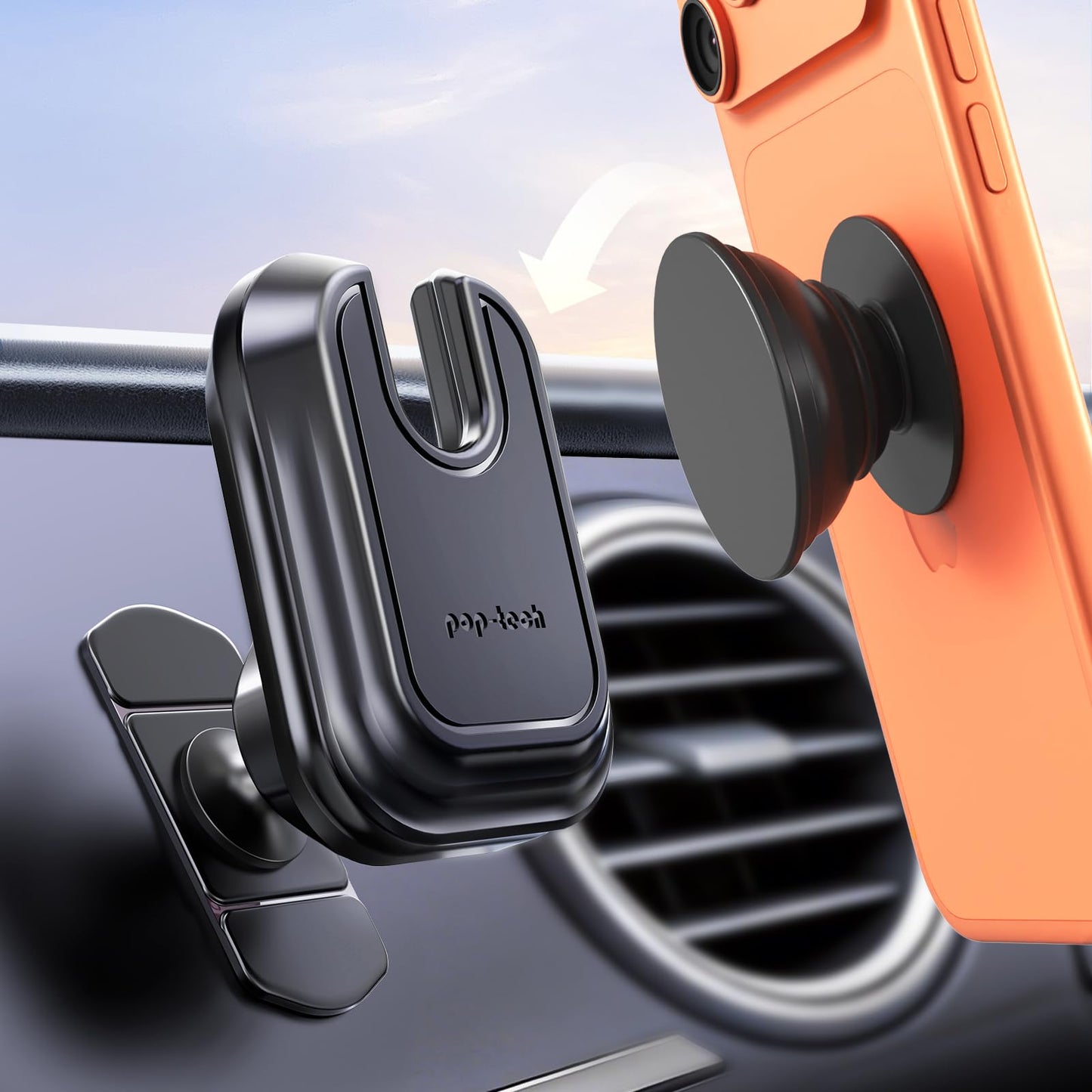 pop-tech Car Phone Mount for Socket Grip, Strong Sticky Cell Phone Holder for Auto Dashboard, Adjustable Adhesive Car Mount Compatible with Thick