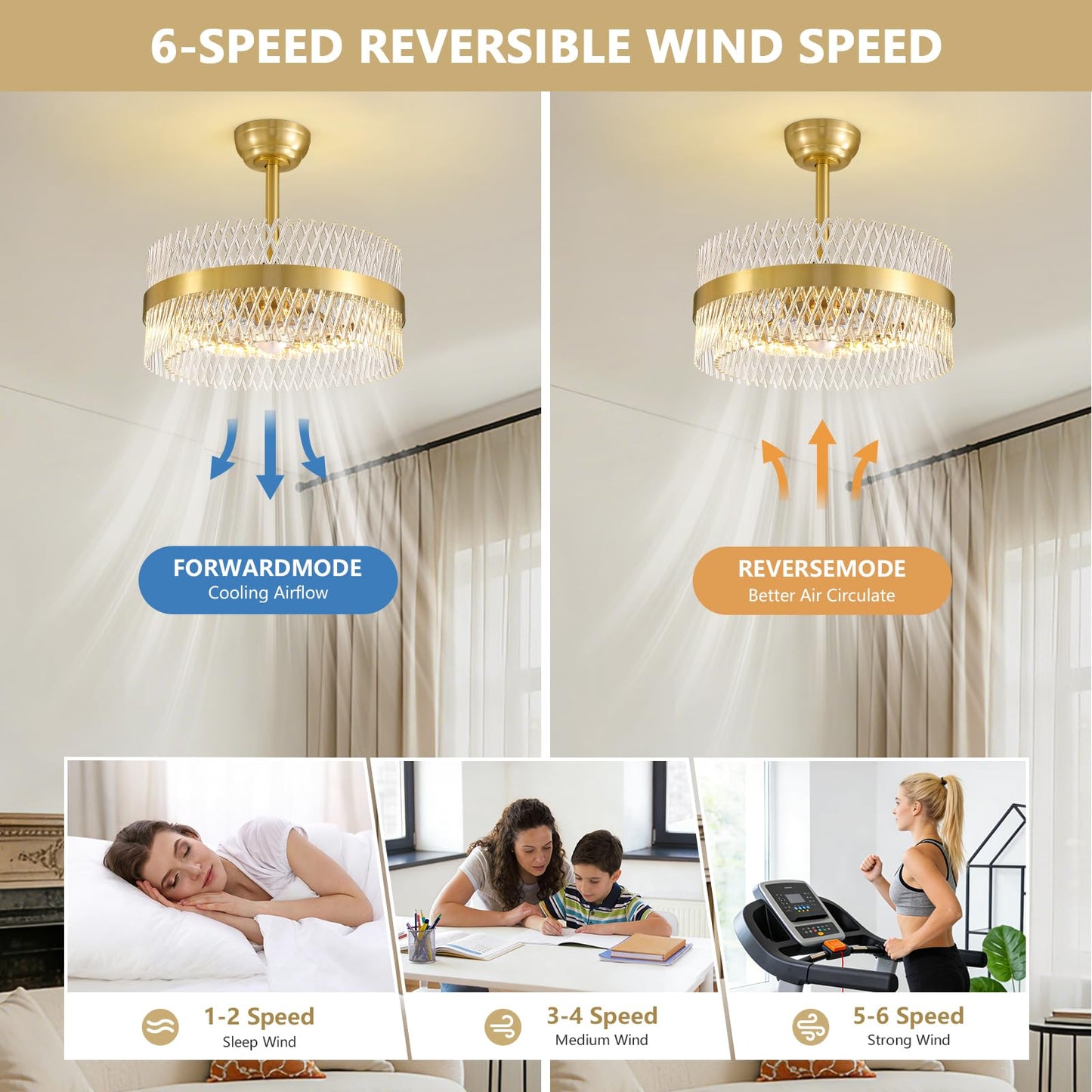 NOXARTE 20 Inch Fandelier Ceiling Fans with Light, Crystal Chandelier Fan, Gold Ceiling Fan with Remote, Modern Fandelier with 6 Reverse Speed, 3CCT