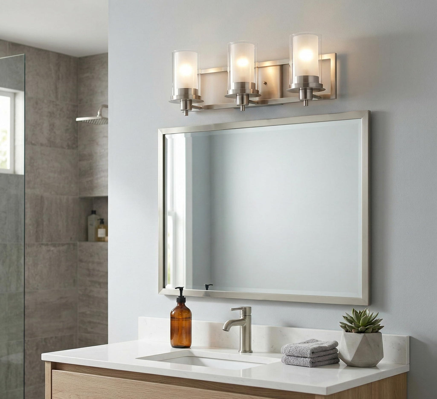 Designers Impressions Juno Satin Nickel 3 Light Wall Sconce/Bathroom Fixture with Clear and Frosted Glass: 73472