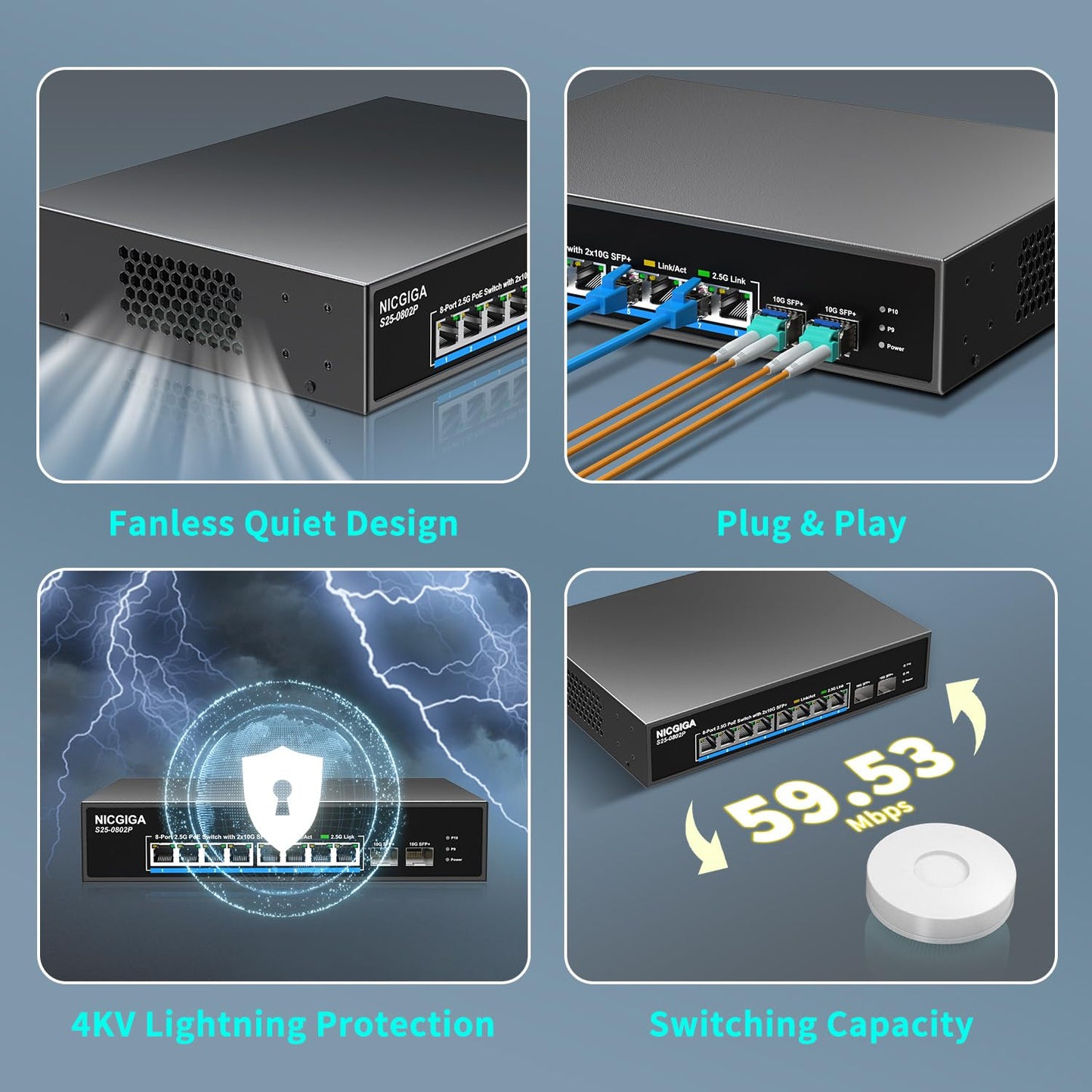 10 Port 2.5Gb PoE Switch Unmanaged with 8 Port 2.5G Base-T PoE+@130W + 2 x 10G SFP+ Uplink, NICGIGA 8 Port 2.5Gbe IEEE802.3af/at Power Over Ethernet