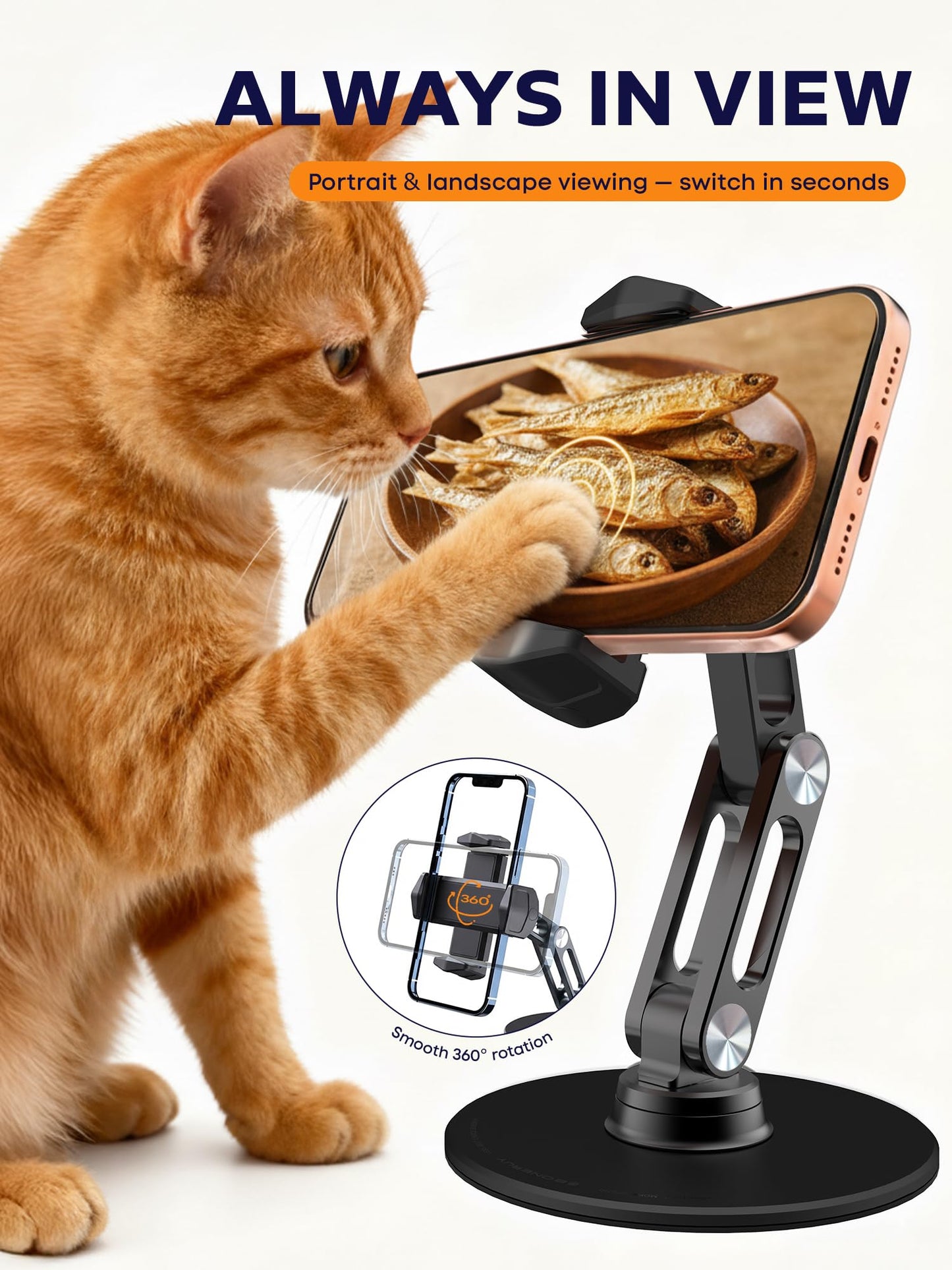 QooWare Phone Stand for Desk - Adjustable Height and Angle Foldable Cell Phone Stand Holder, No Dropping Stable Triple-Clamp Holder, Adjustable