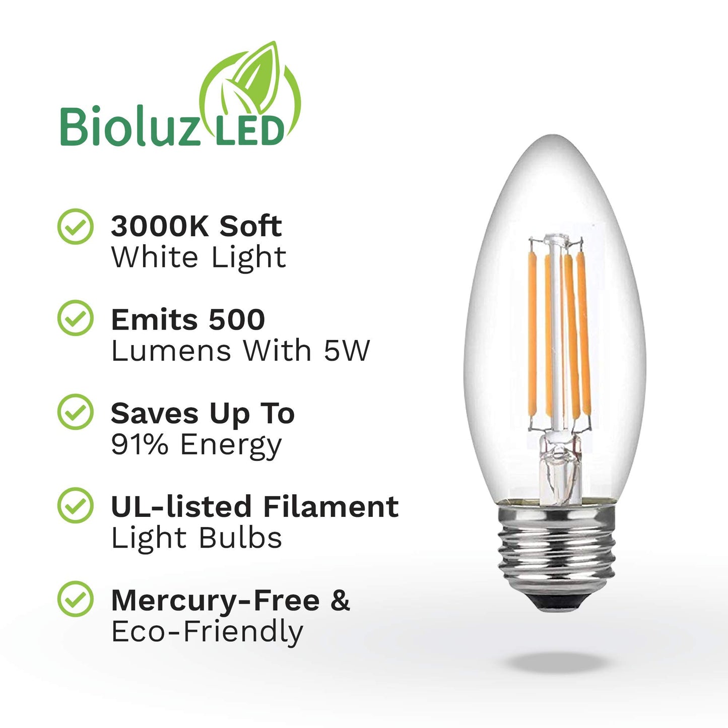 Bioluz LED 93 CRI Dimmable Filament Candelabra Light Bulbs | E26 Base C37 | Clear LED Candle Lights (Uses only 5W) | Energy Efficient 6-Pack | 60W