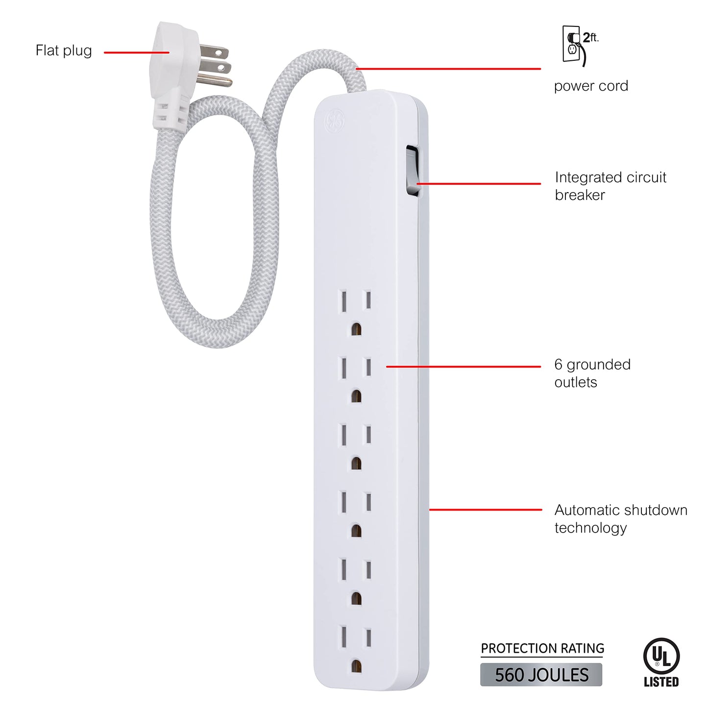 GE UltraPro 6 Outlet Surge Protector, 2 Ft Designer Braided Extension Cord, Flat Plug, Wall Mount, White, 45264