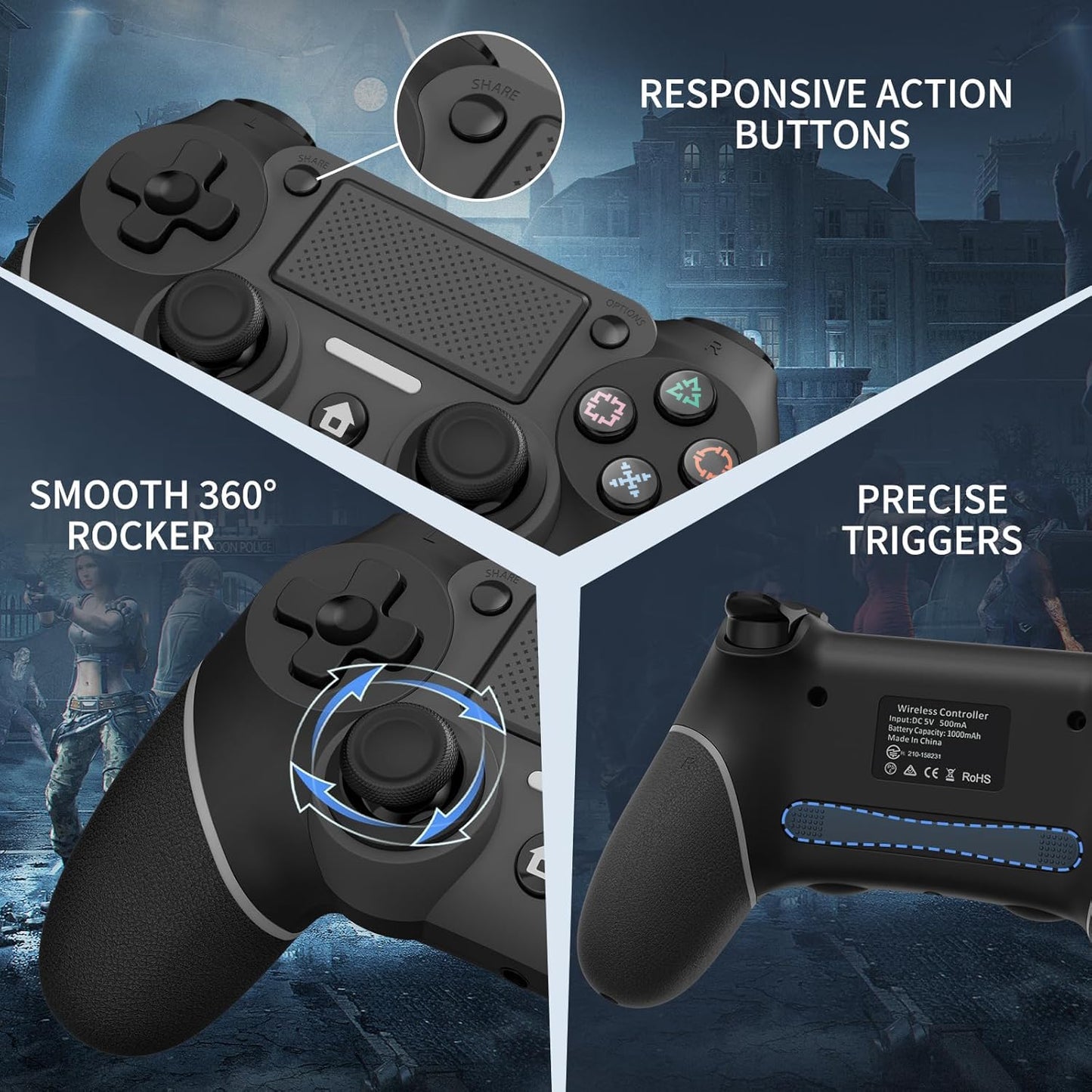 Wireless Controller Compatible with PS4/Pro/Slim, Black ps4 controller with Dual Vibration, 1000mAh Battery, 6-Axis Motion Sensor, Built-in Speaker