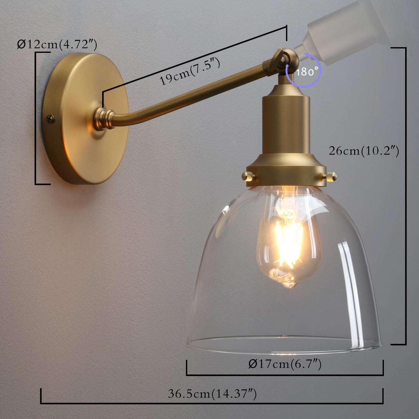 PERMO Industrial Vintage Slope Pole Wall Mount Single Sconce with 6.7" Oval Dome Clear Glass Shade Antique Gold Wall Sconce Light Fixture